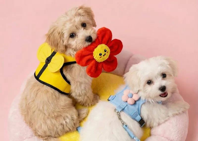 Dwa małe psy w kolorowych uprzężach, jeden trzyma pluszowy kwiatek w pysku.