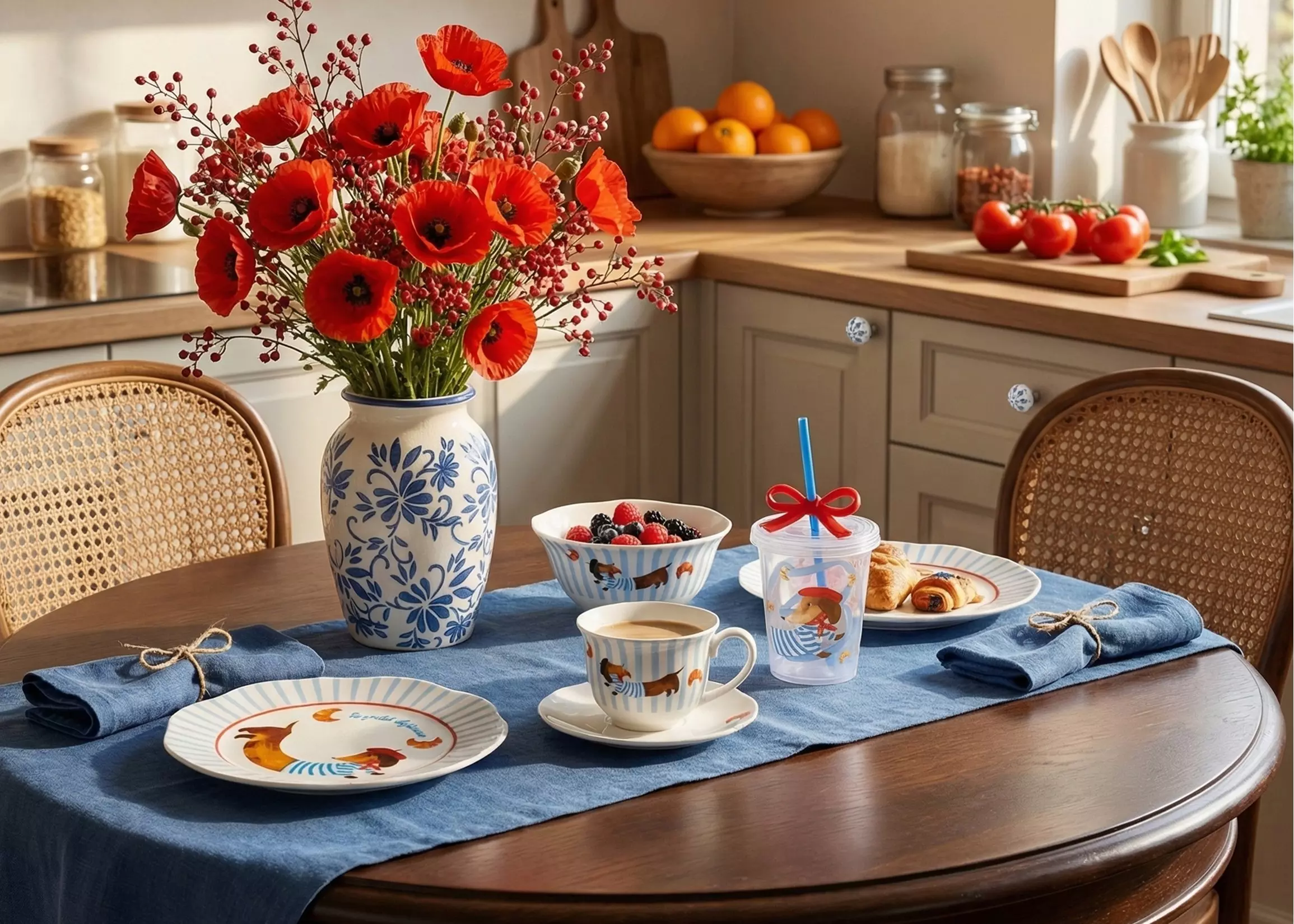 Zestaw ceramiki śniadaniowej z motywem jamnika na okrągłym stole z wazonem czerwonych maków.