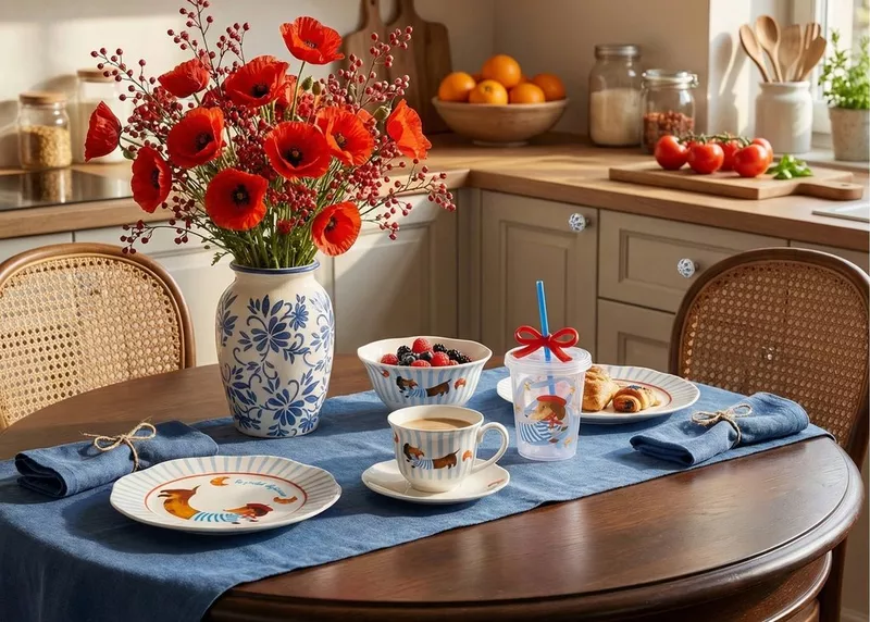 Zestaw ceramiki śniadaniowej z motywem jamnika na okrągłym stole z wazonem czerwonych maków.