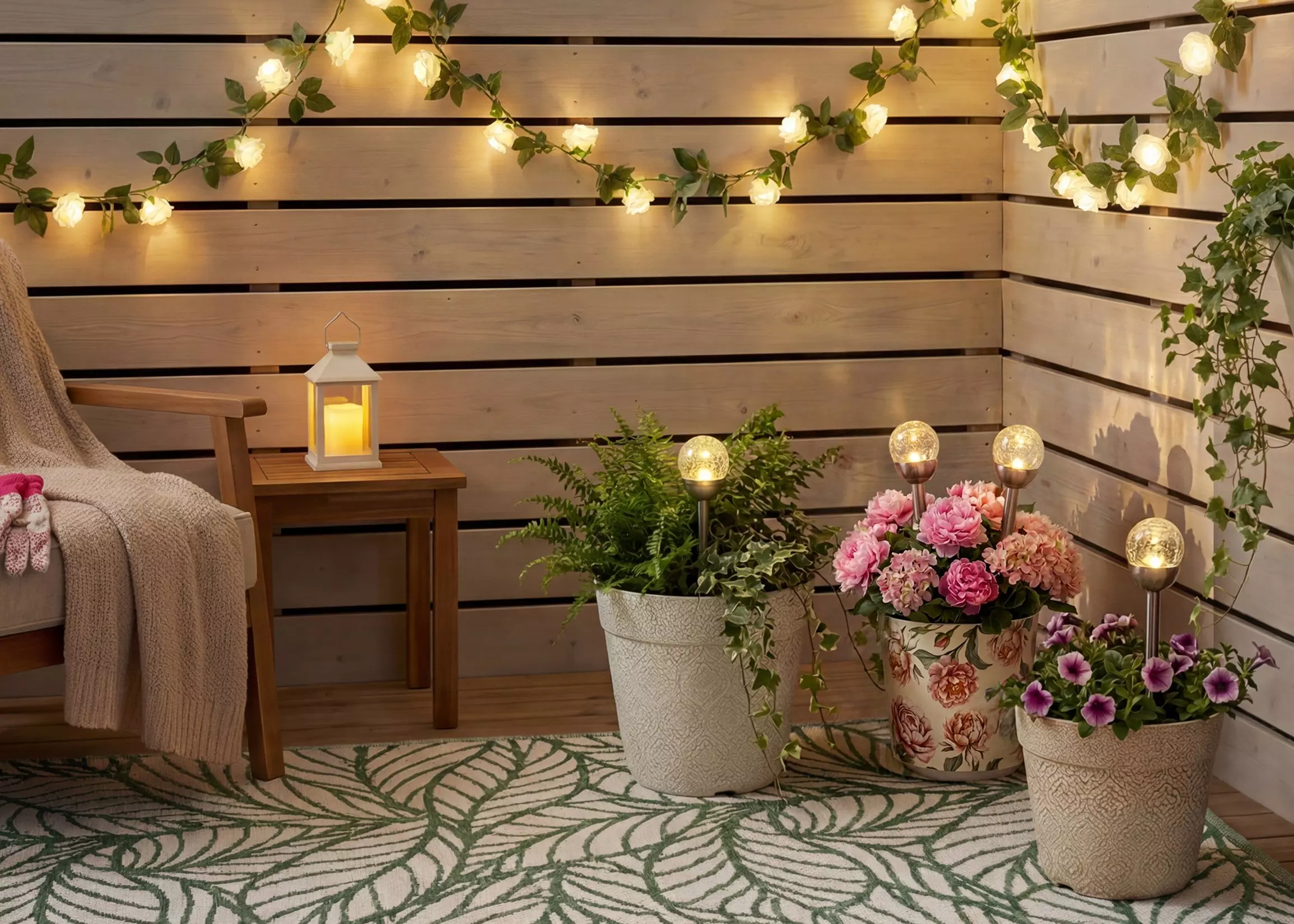 Przytulny kącik ogrodowy z doniczkami kwiatów, lampkami LED i drewnianym stolikiem z latarnią.