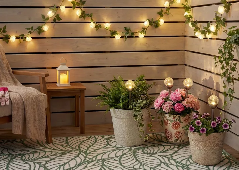 Przytulny kącik ogrodowy z doniczkami kwiatów, lampkami LED i drewnianym stolikiem z latarnią.