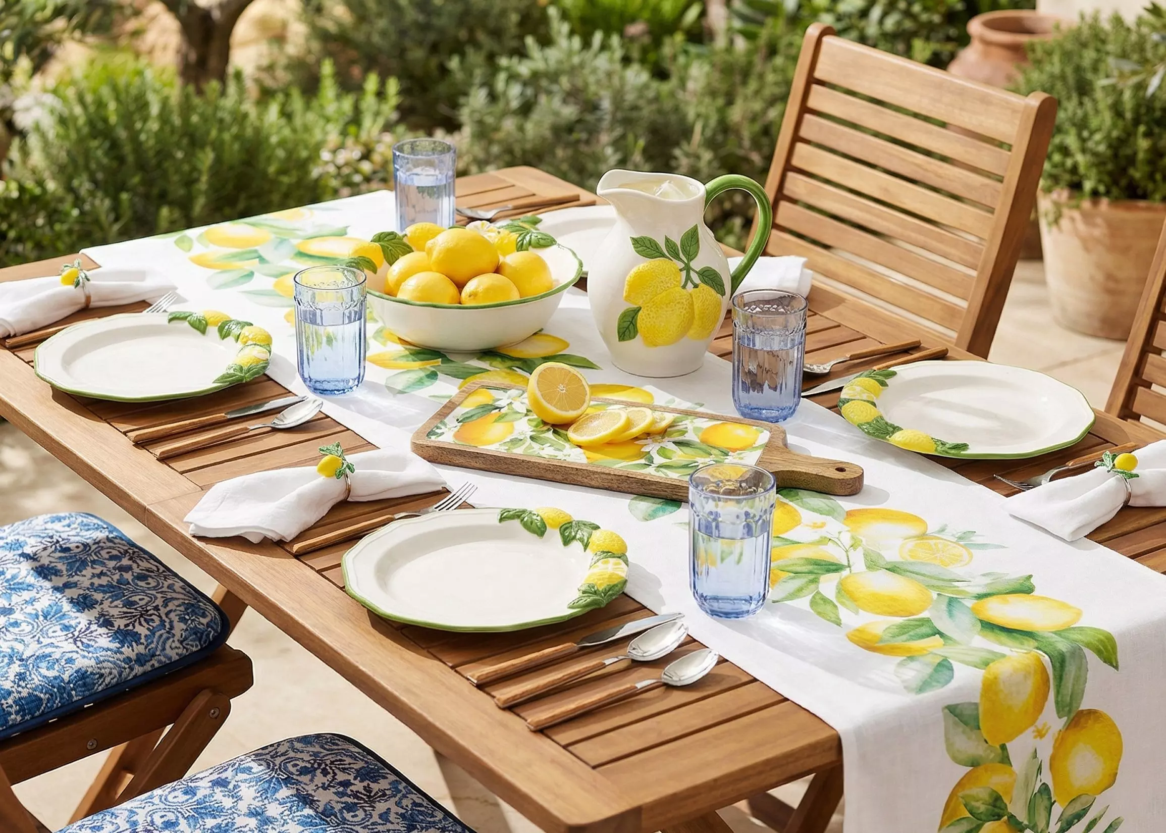 Drewniany stół ogrodowy nakryty do posiłku z zastawą w cytrynowy wzór, niebieskimi szklankami i miską cytryn.
