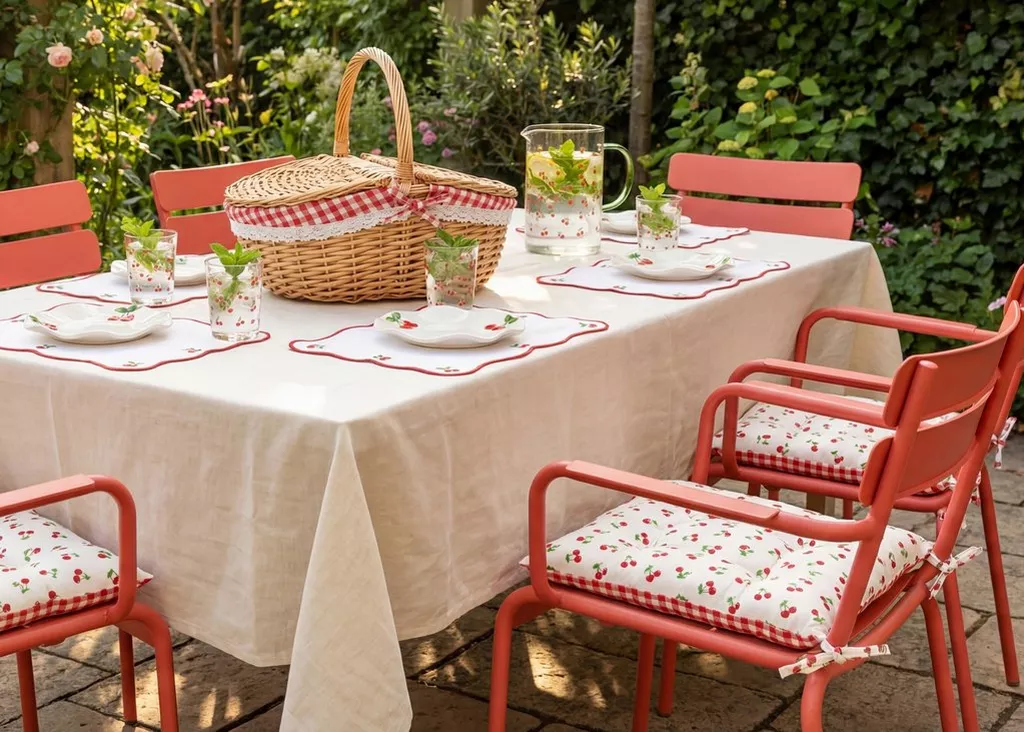 Stół ogrodowy z koralowymi krzesłami, koszem piknikowym i szklankami z napojem miętowym.