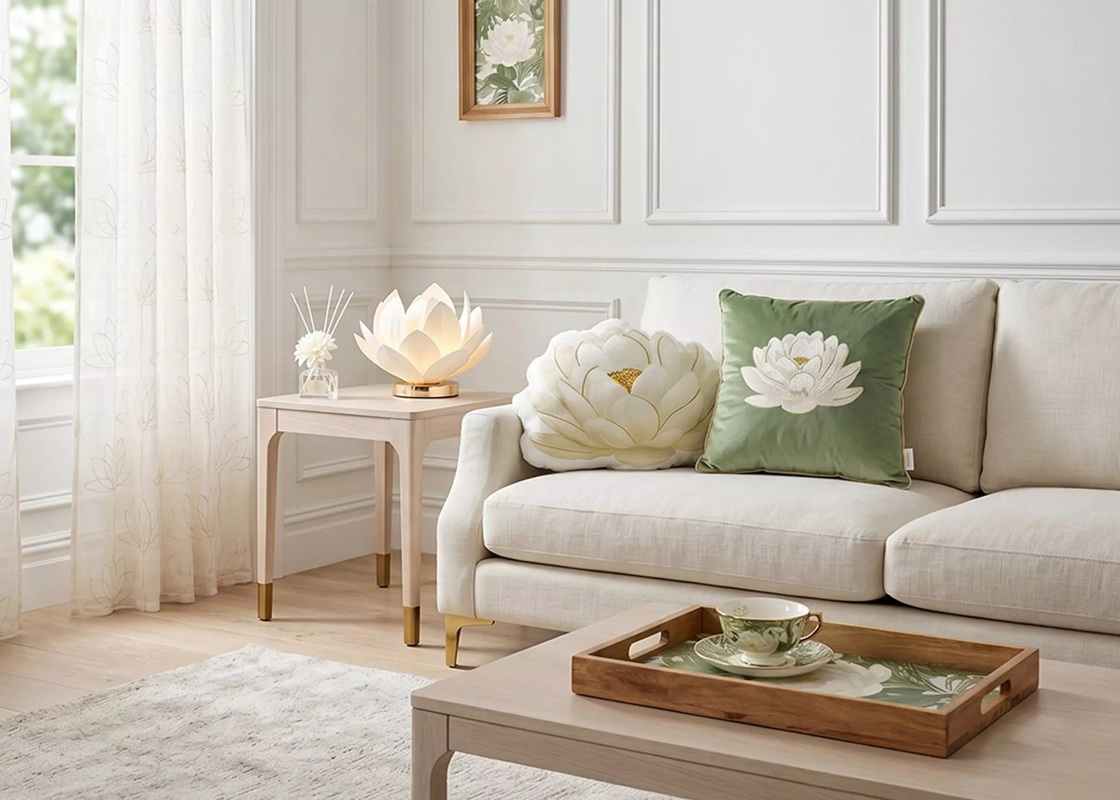 Pepco living room featuring beige sofa with floral cushions, lotus lamp on side table, and wooden serving tray.
