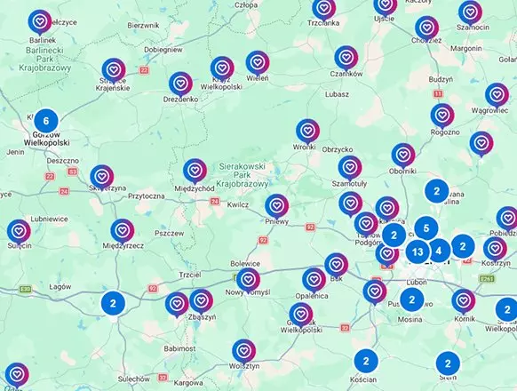 Pepco üzletek térképes elhelyezkedése Lengyelországban, kék számozott jelölőkkel.