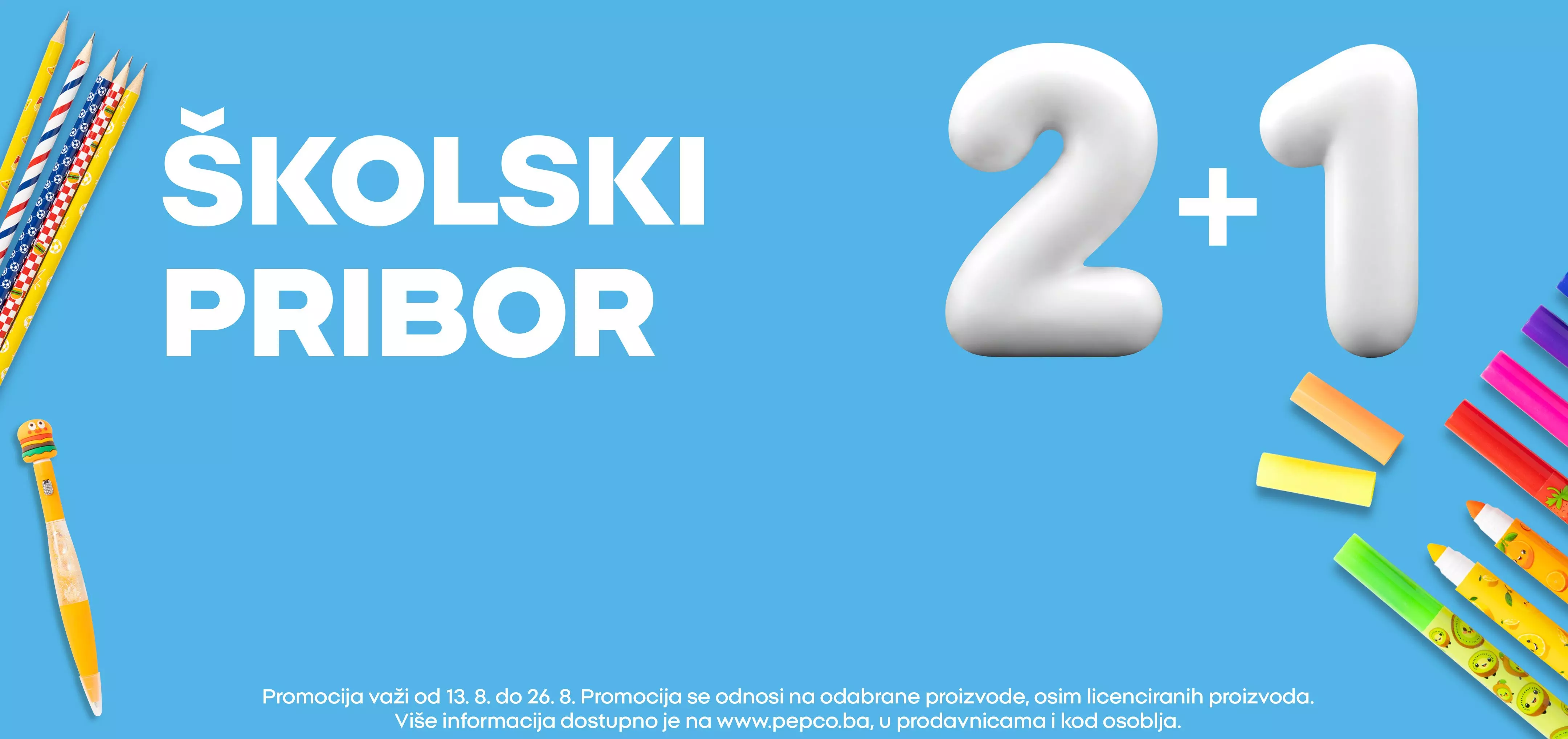 Pepco školski pribor promocija 2+1 sa šarenim olovkama i kredom.