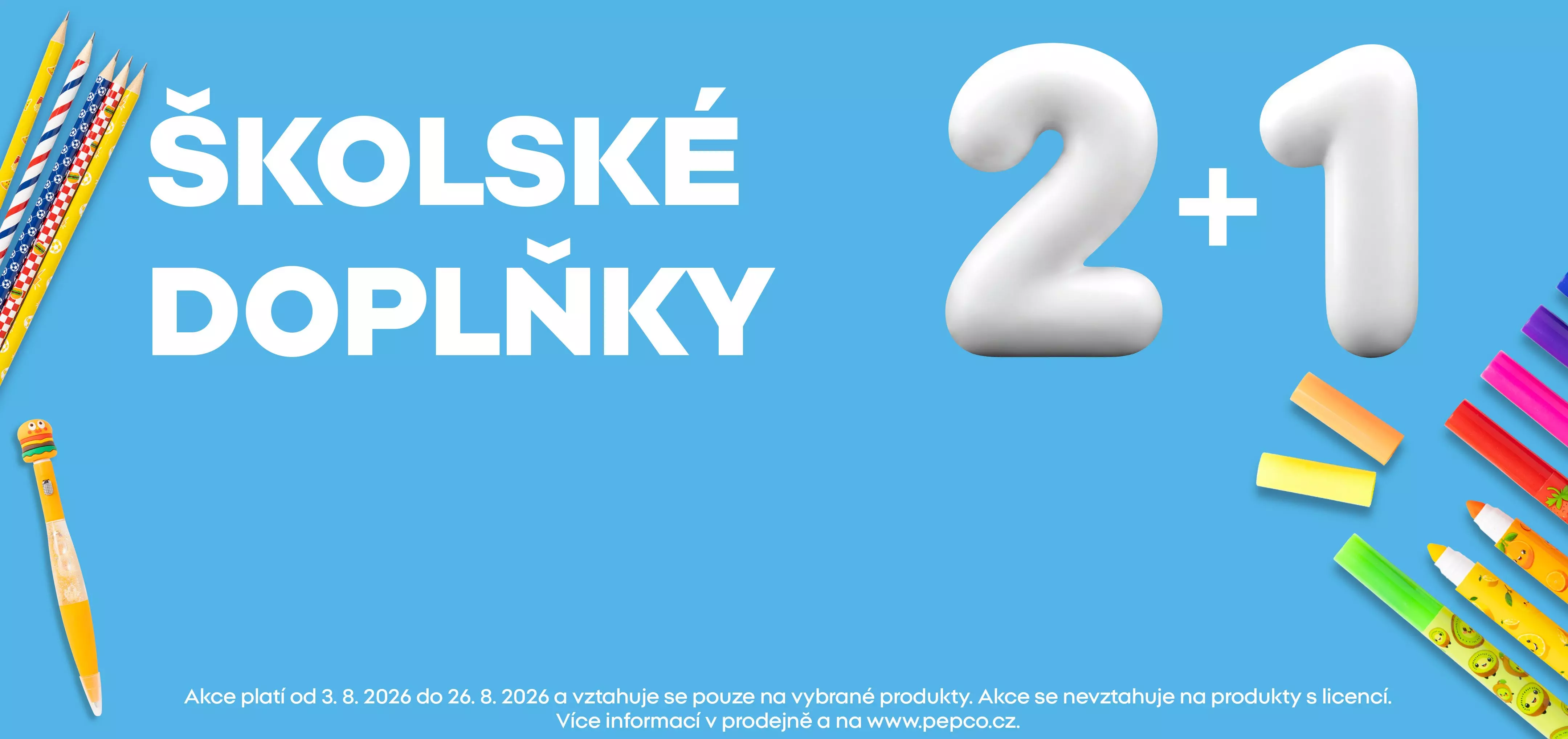 Pepco školské doplňky akce 2+1 s barevnými tužkami, pastelkami a pravítky.