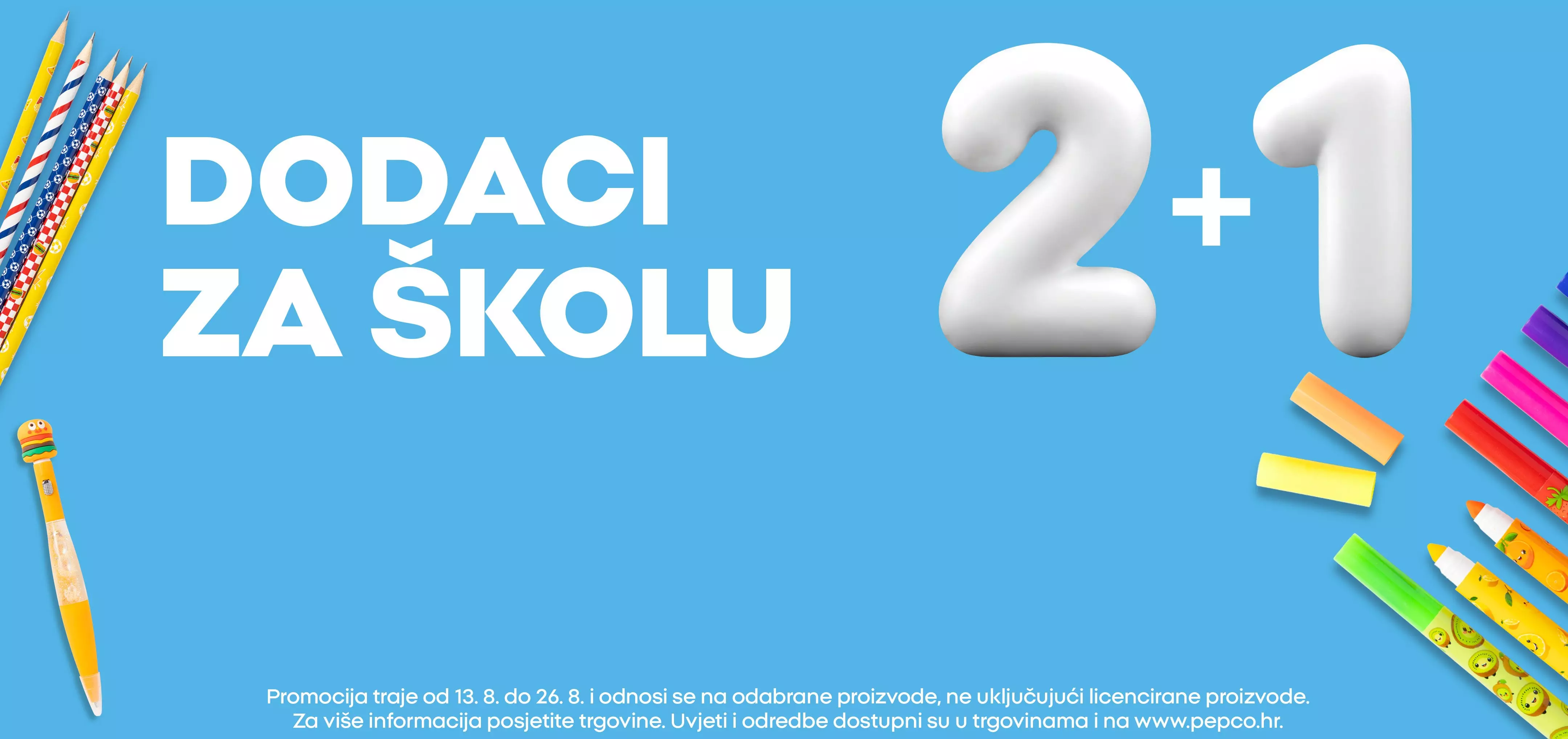 Pepco promotivna ponuda za školu s bojicama i školskim priborom na plavoj pozadini.
