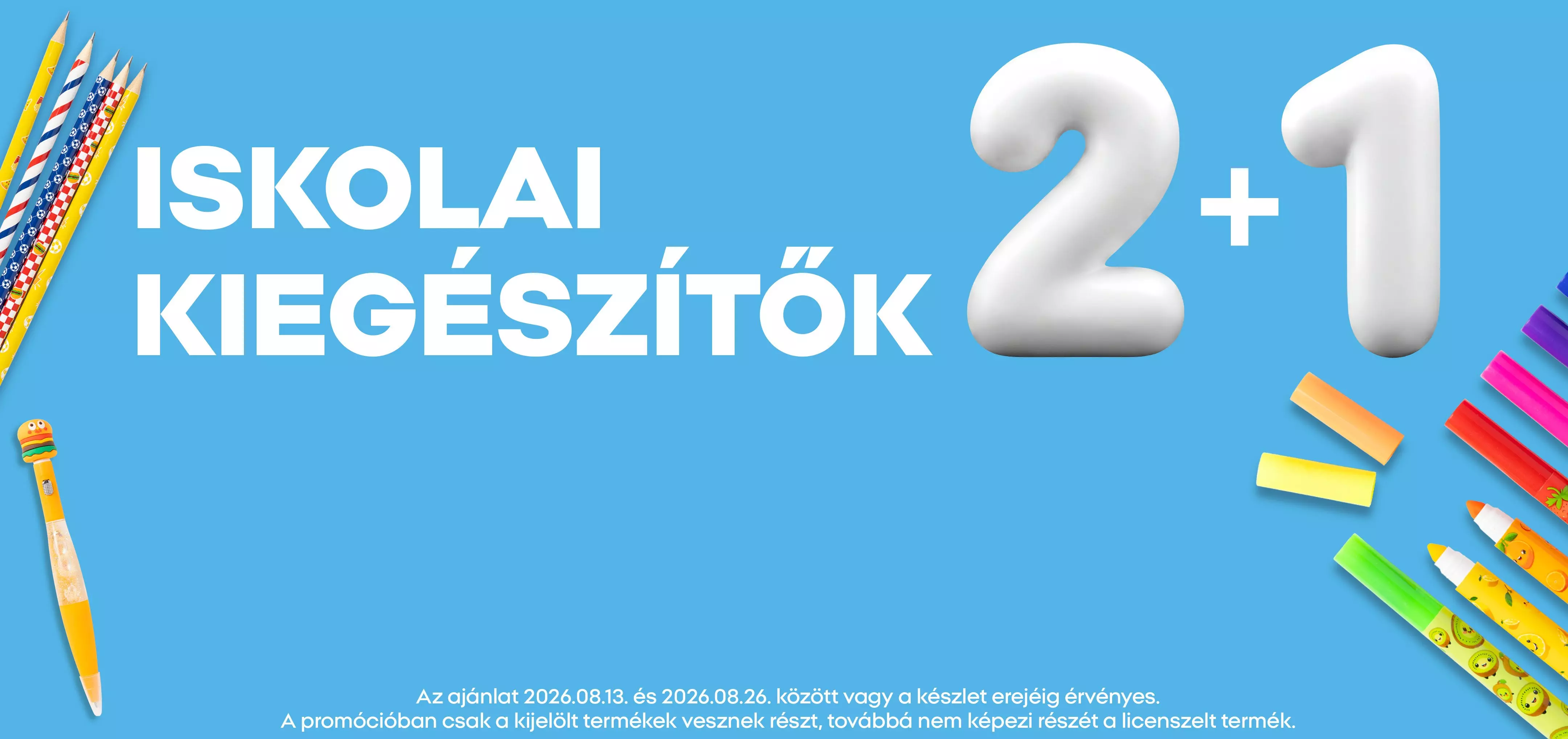 Pepco iskolai kiegészítők 2+1 akció színes ceruzákkal és írószerekel díszítve.