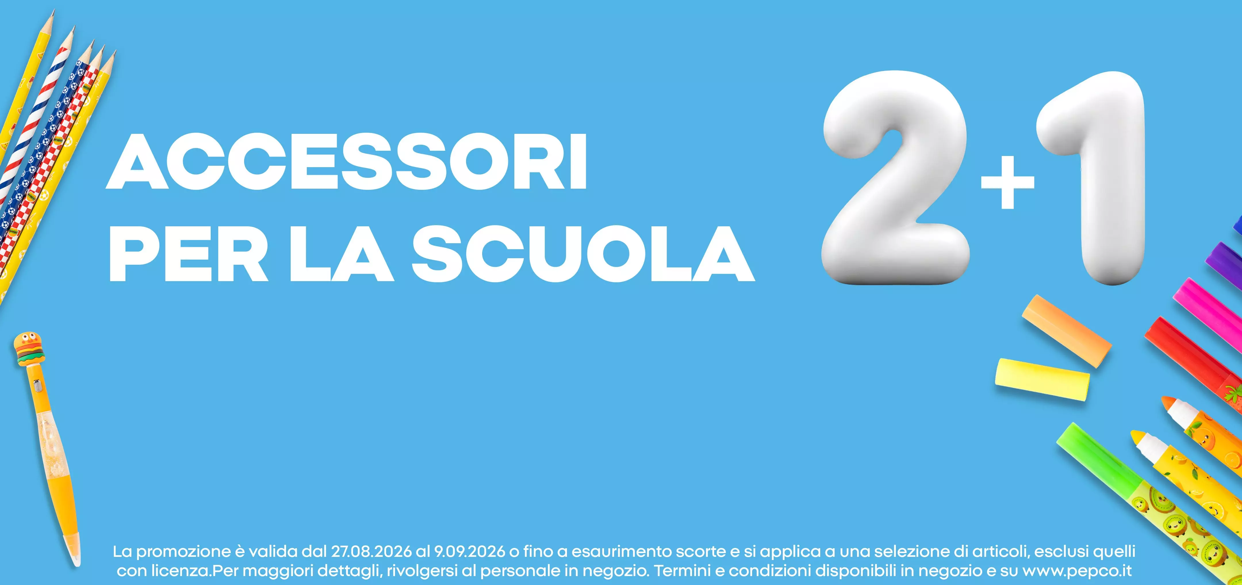 Promozione Pepco accessori per la scuola 2+1 con matite e pastelli colorati.