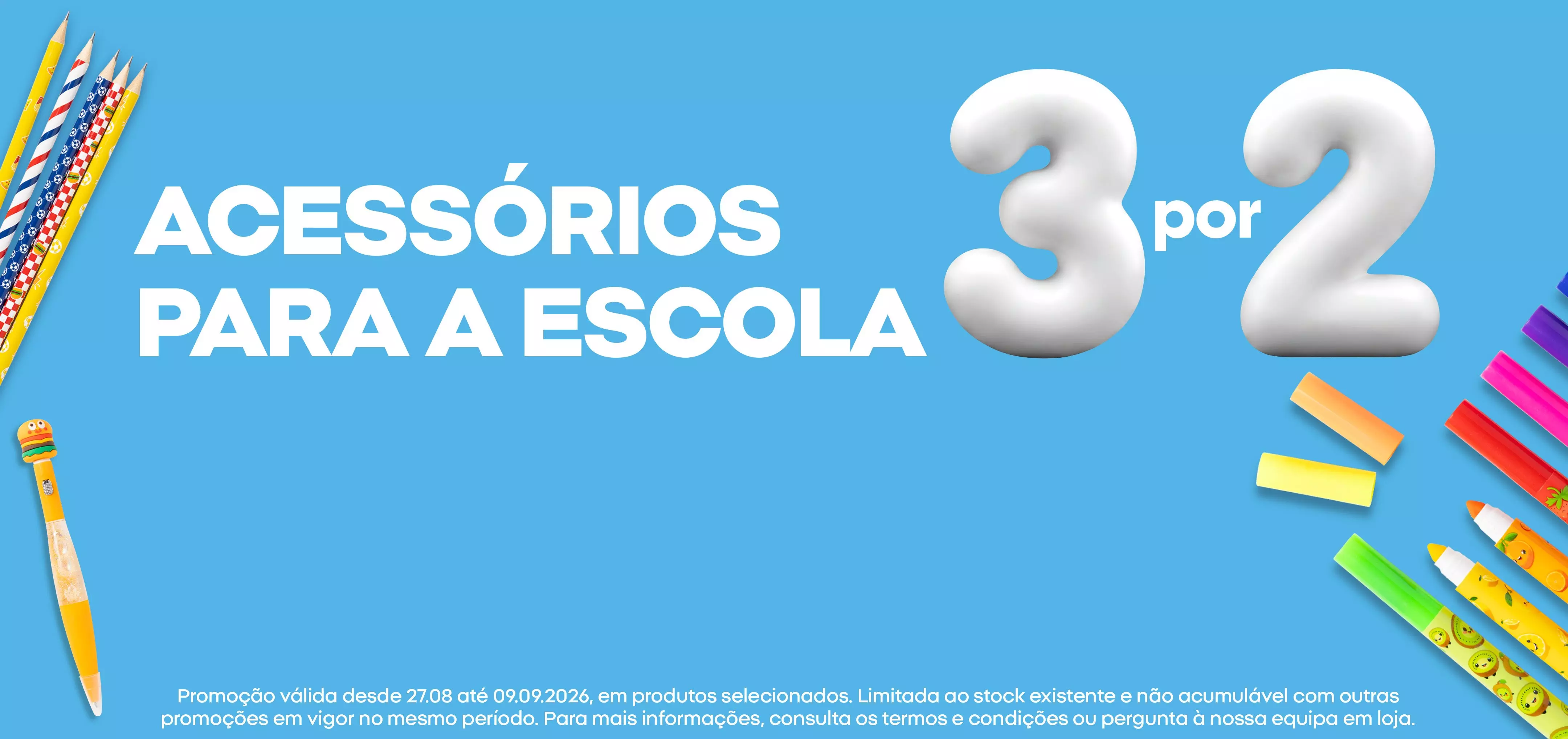 Banner promocional Pepco SCHOOL SUPPLIES 2+1 com lápis e borrachas coloridas.