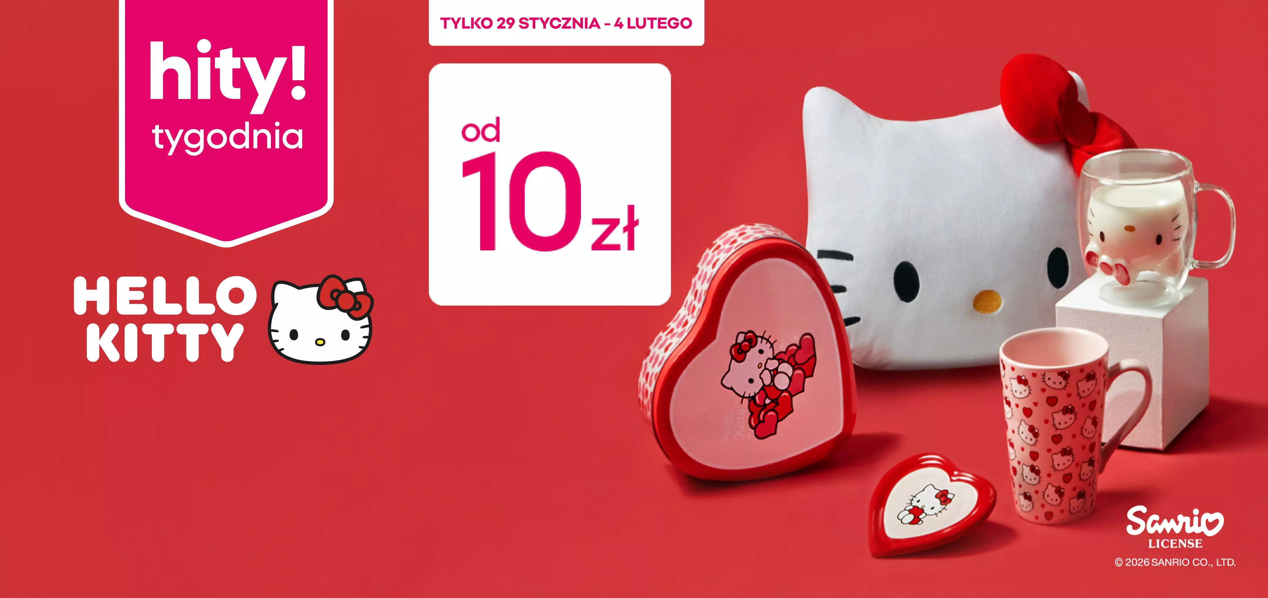 Kolekcja Hello Kitty w Pepco - poduszka, kubki i pudełko w kształcie serca w promocji od 10zł, dostępna od 29 stycznia do 4 lutego.