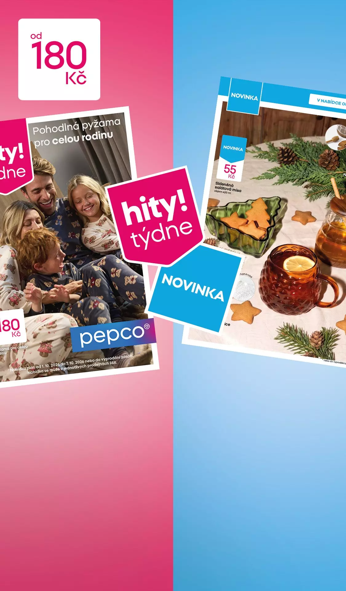 Pepco katalog s rodinou v pyžamech a vánočními dekoracemi, ceny od 180 Kč.