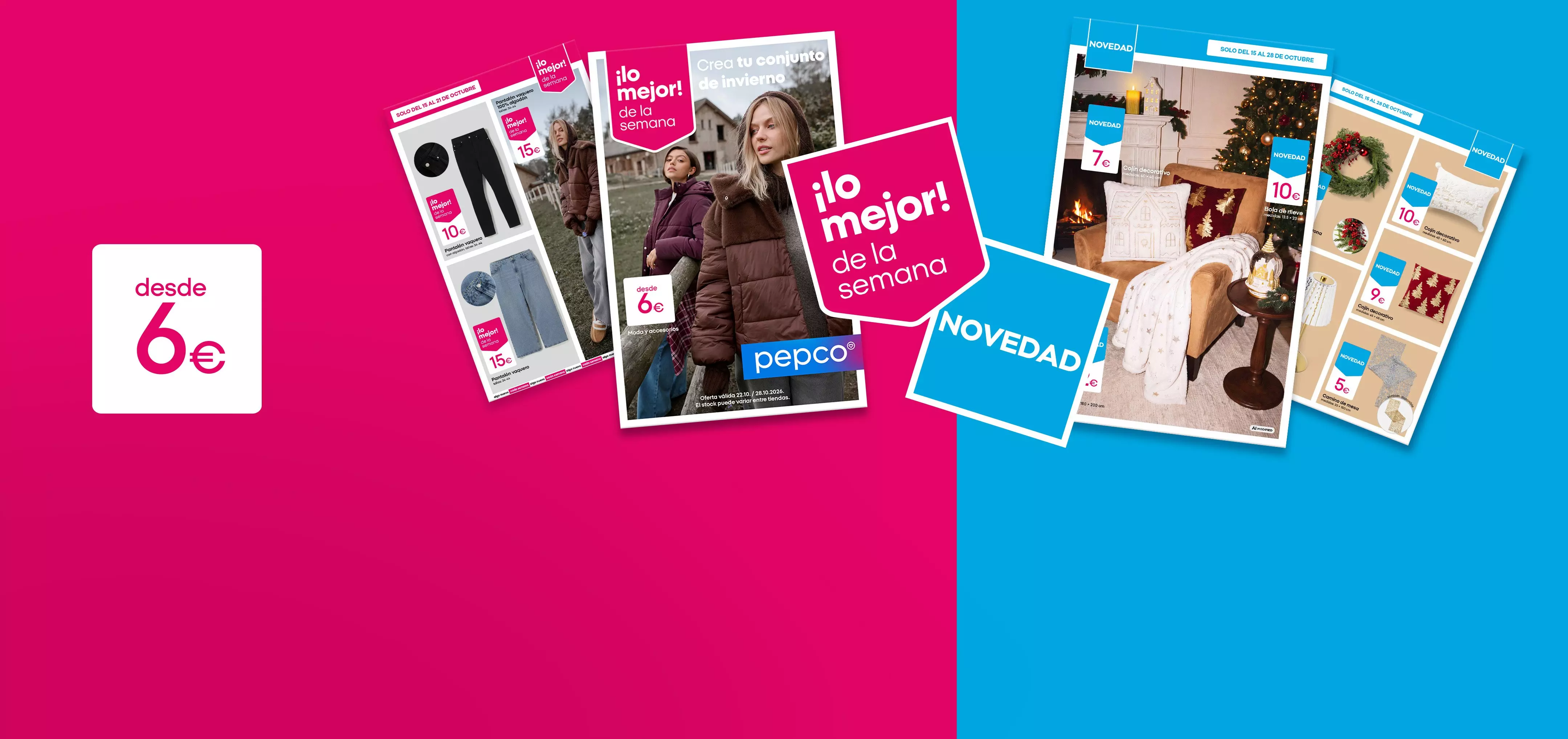Catálogos promocionales de Pepco mostrando ofertas desde 6€ en ropa de invierno y decoración navideña.