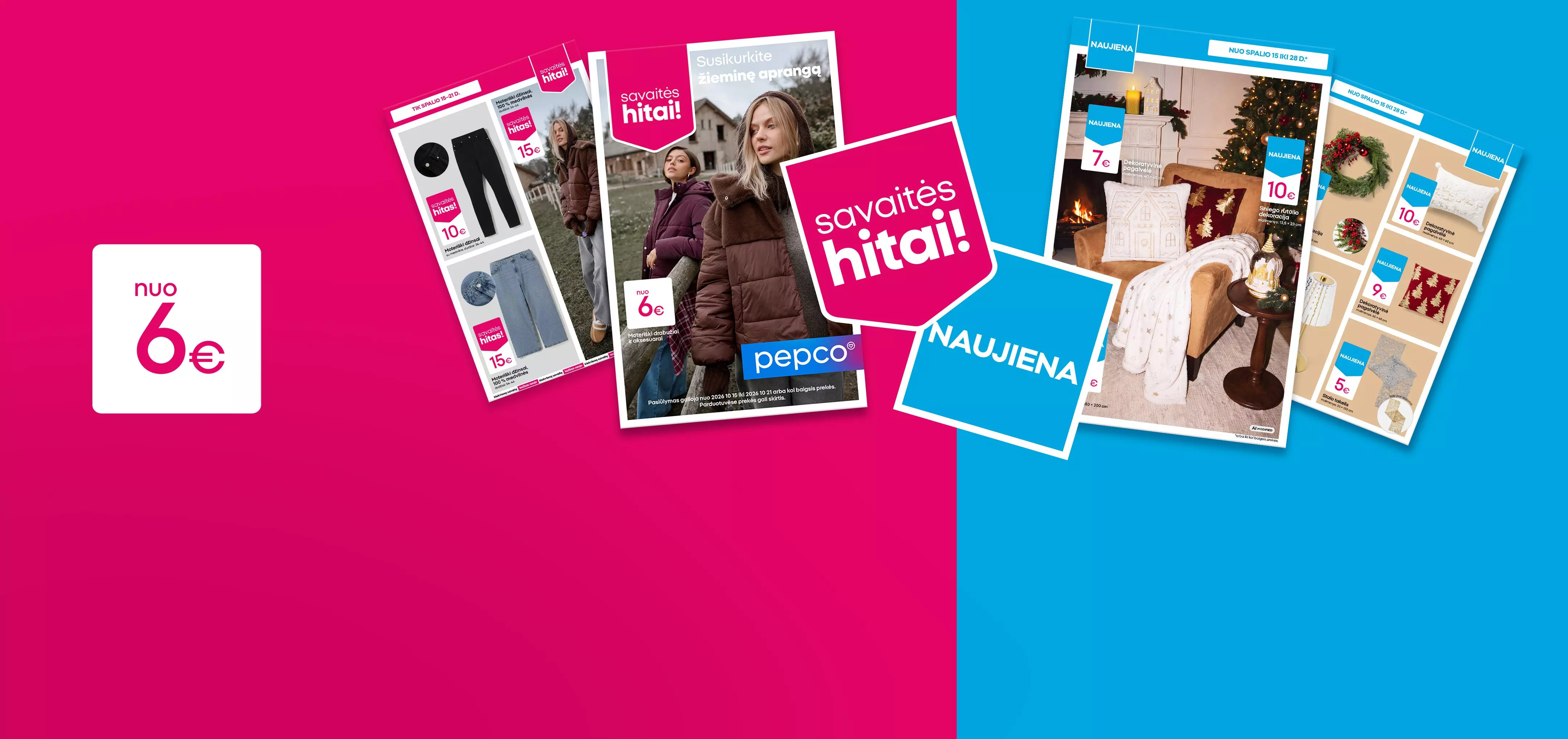 Pepco reklaminiai bukletai su drabužiais ir kalėdinėmis dekoracijomis bei nuolaidomis nuo 6 eurų.