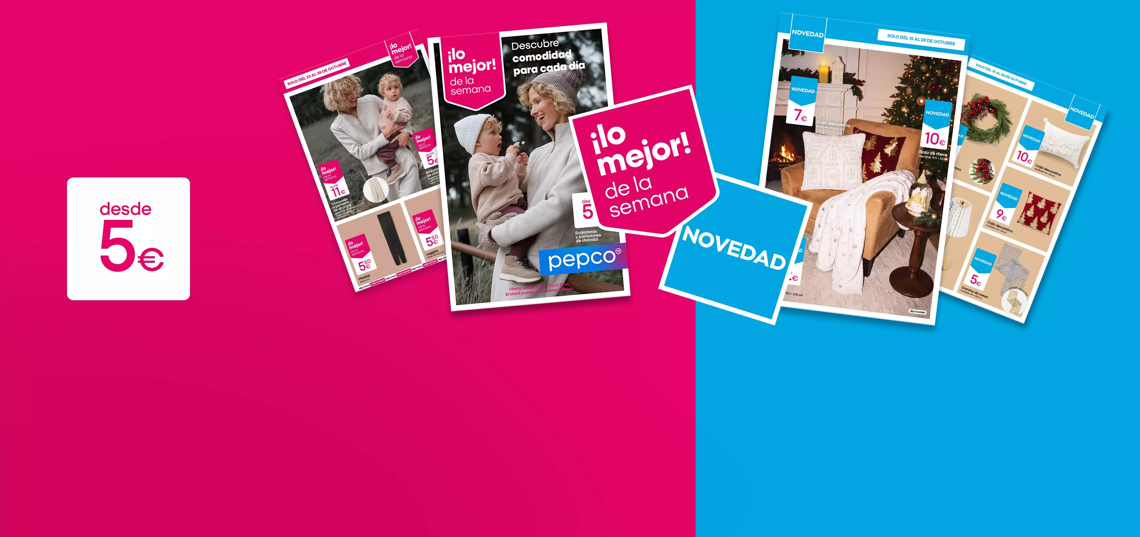 Catálogos promocionales de Pepco mostrando ofertas desde 6€ en ropa de invierno y decoración navideña.