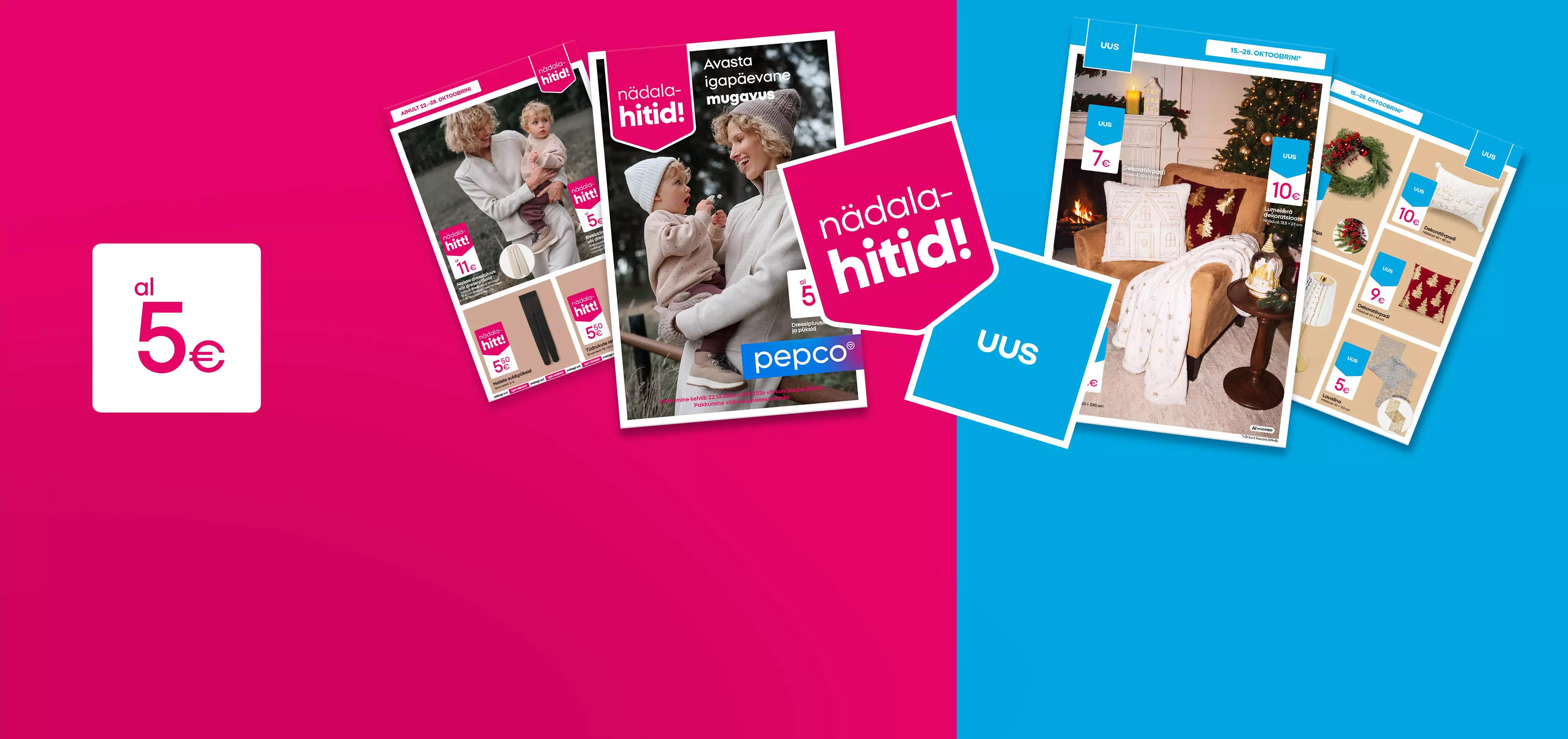 Pepco promotional catalogues displaying festive clothing, home decorations and Christmas offers from 5 euros.