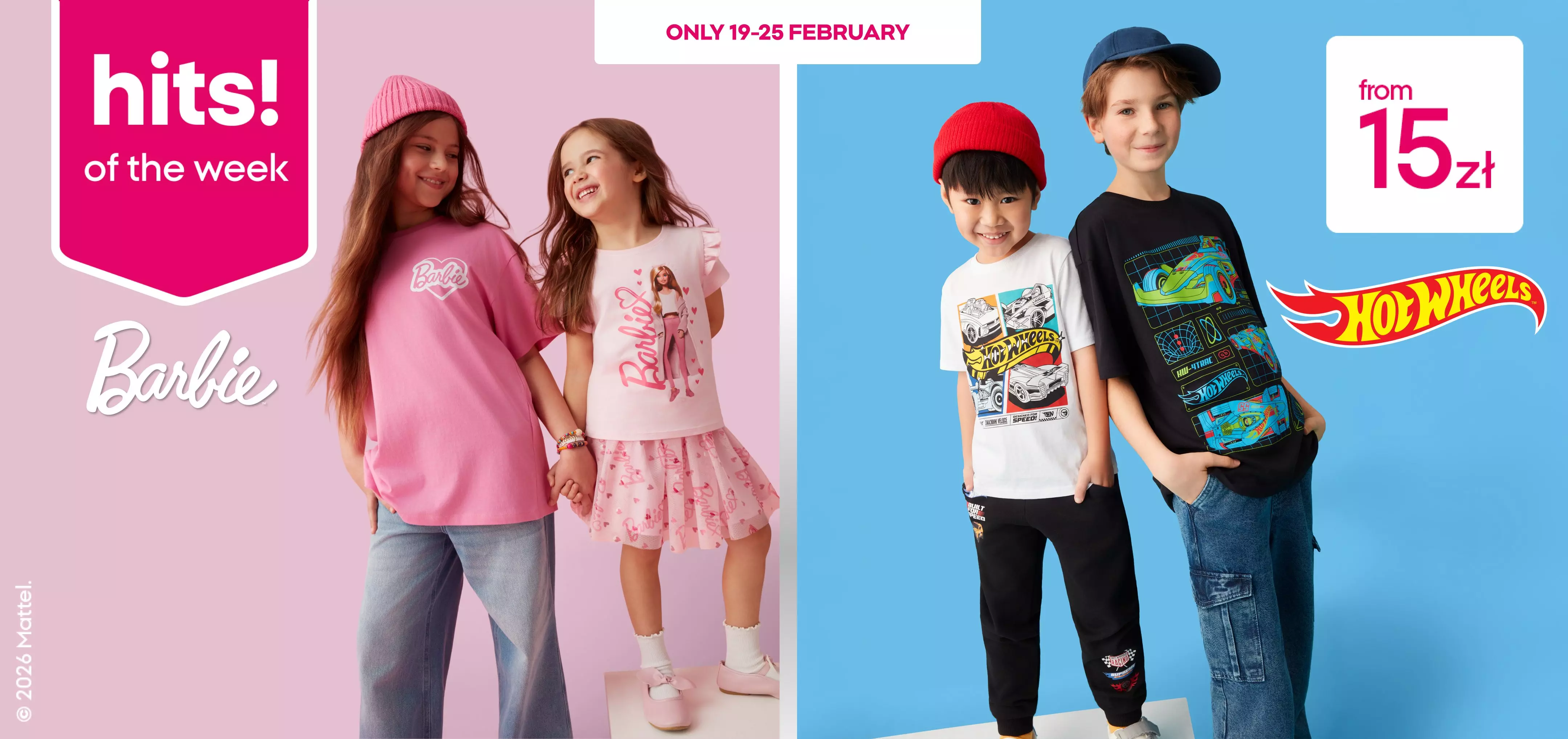 Children modeling Barbie and Hot Wheels themed clothing, available from 15zł during 19-25 February promotion.