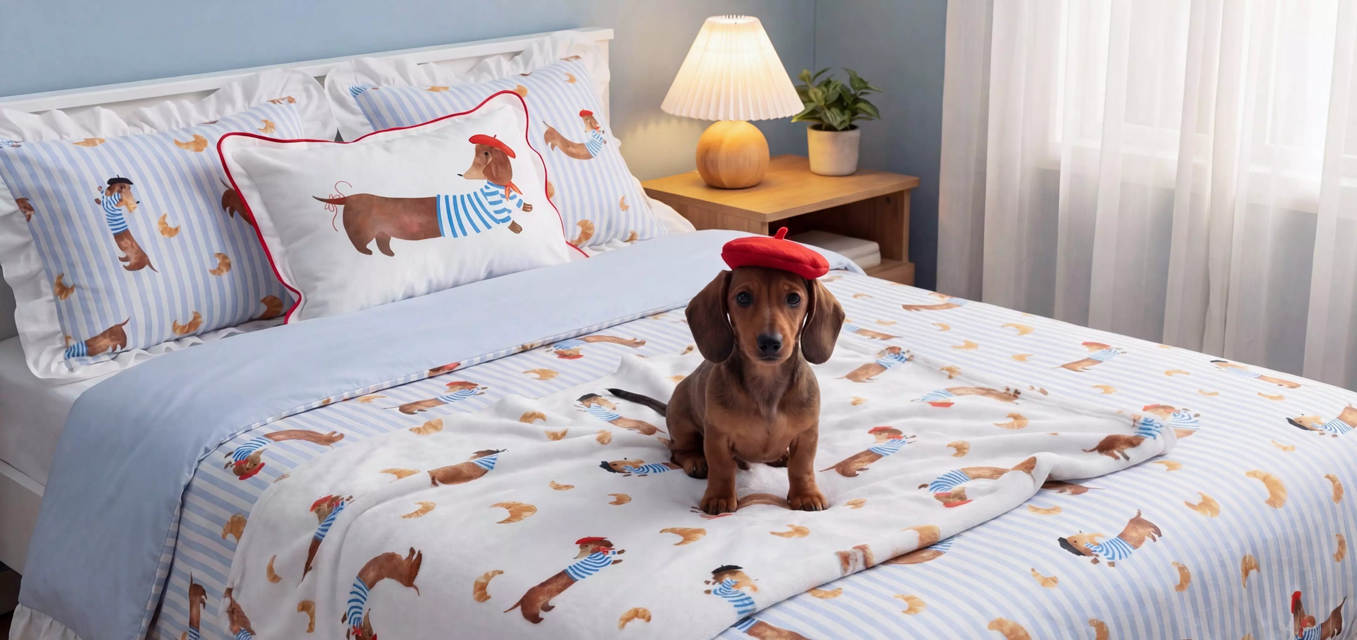 Dachshund wearing a red beret sitting on bed with matching dog-print bedding and decorative cushions.