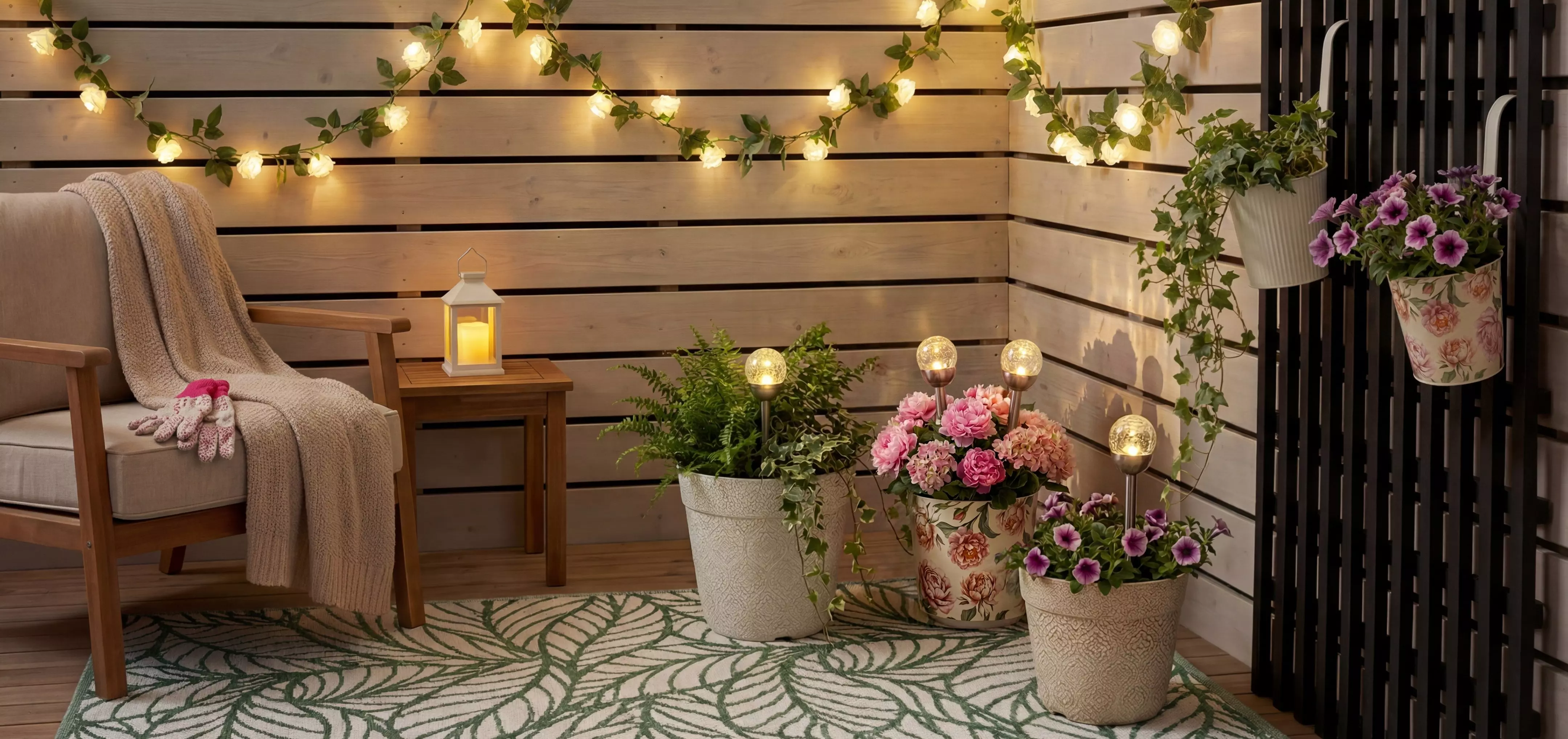 Cosy patio setting with armchair, decorative planters with pink flowers, string lights, and candles.