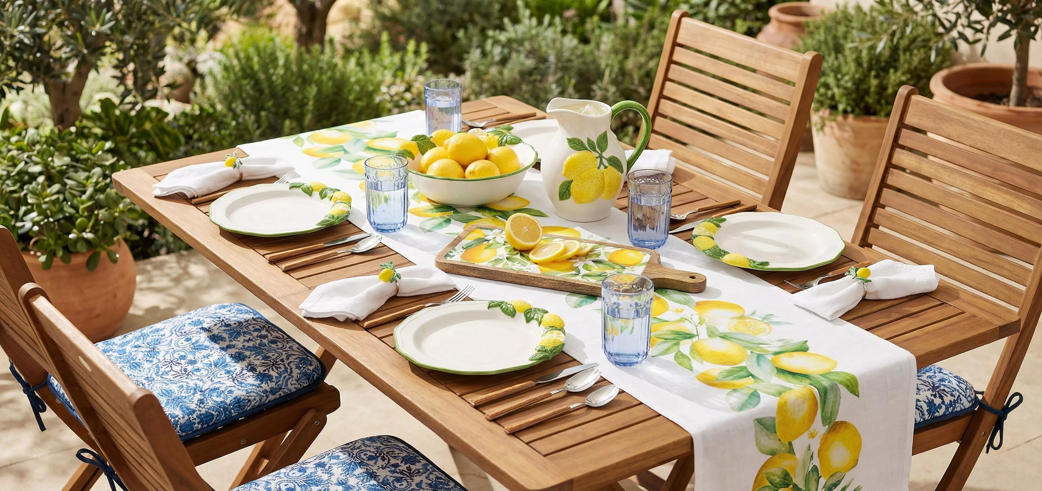 Wooden outdoor dining table set with lemon-themed tableware, fresh lemons in bowl, and blue cushioned chairs.