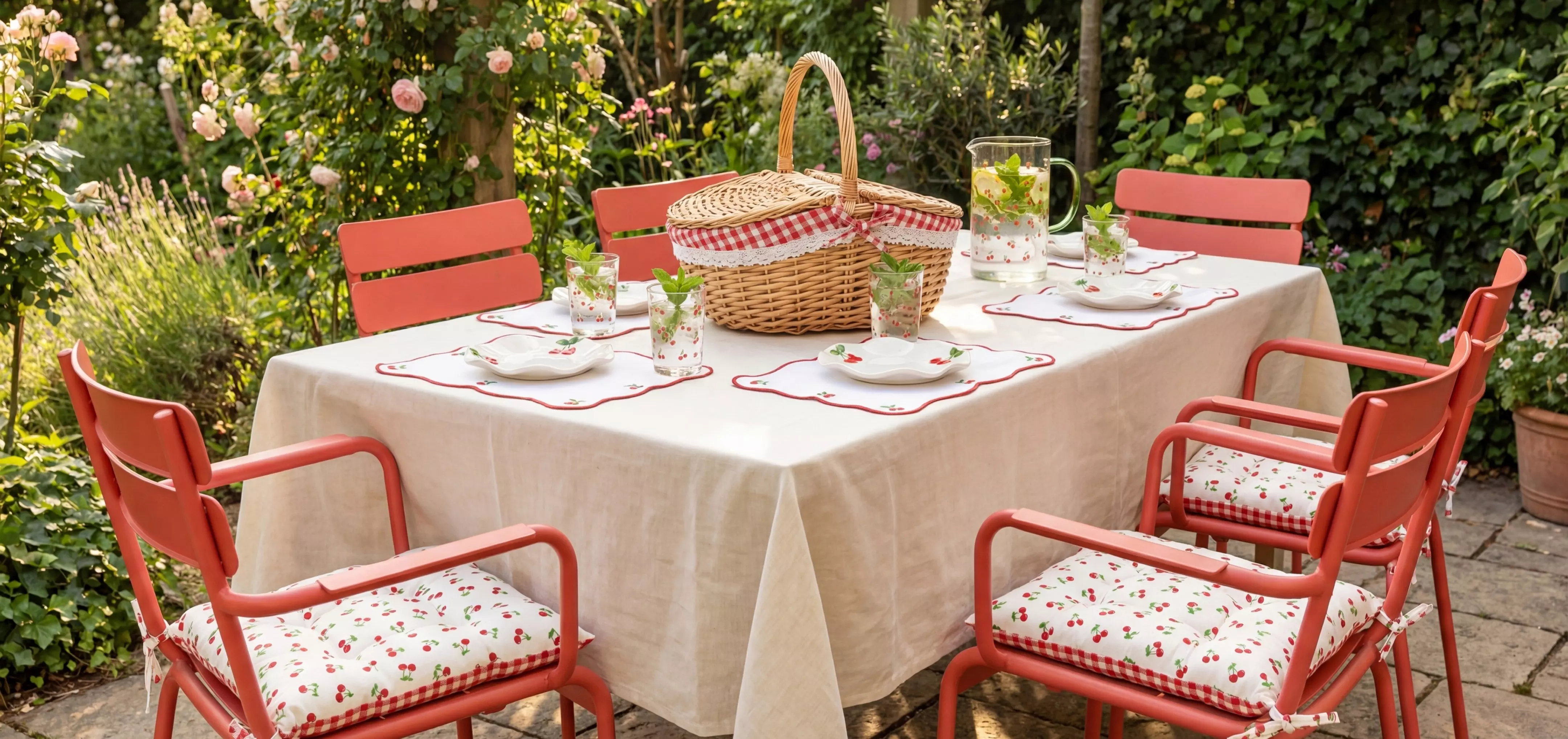 Stół ogrodowy z beżowym obrusem, otoczony koralowymi krzesłami z poduszkami w kwiatki i wiklinowym koszem.
