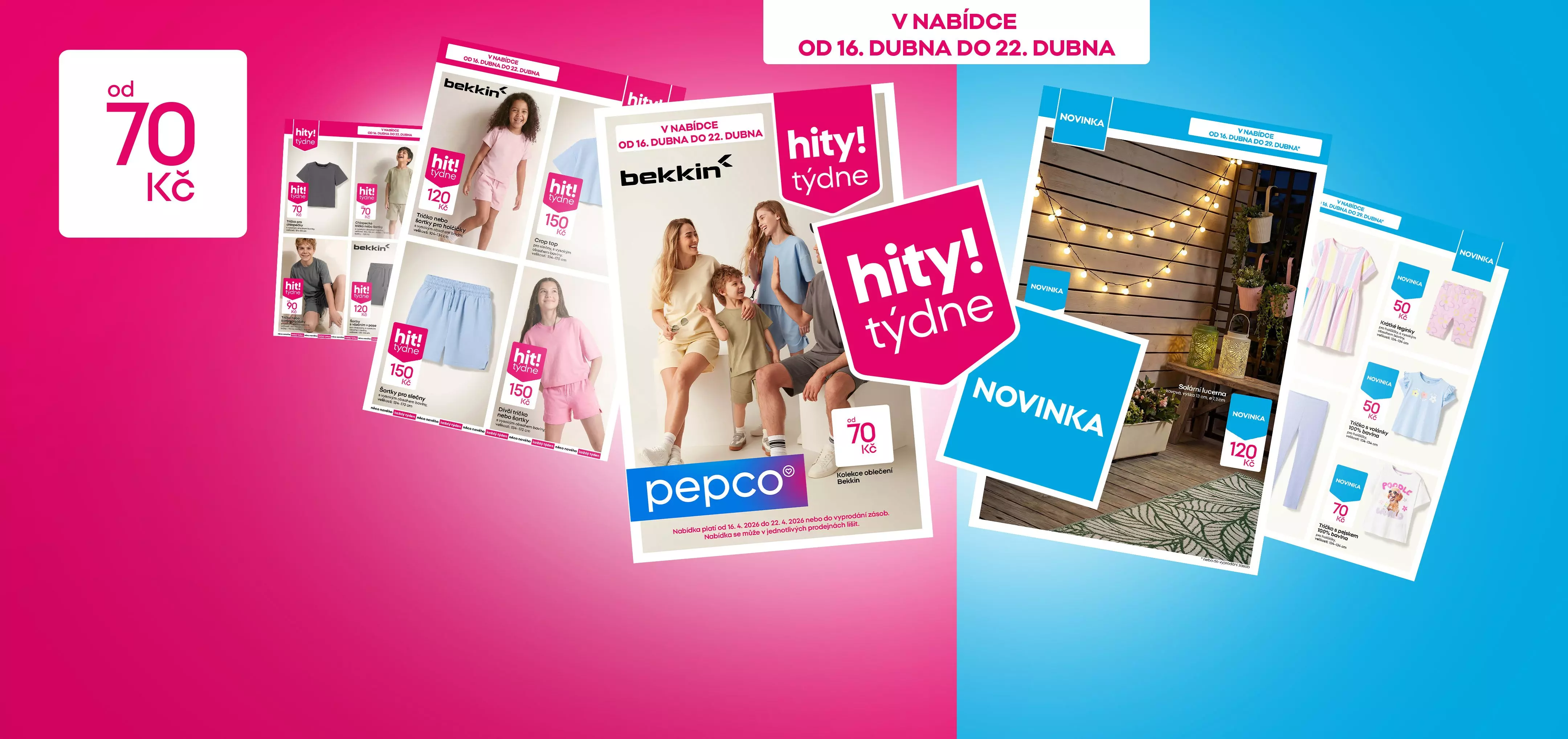 Produktové katalogy značek bekkin, pepco a NOVINKA s oblečením a domácími potřebami, platné od 16. dubna.