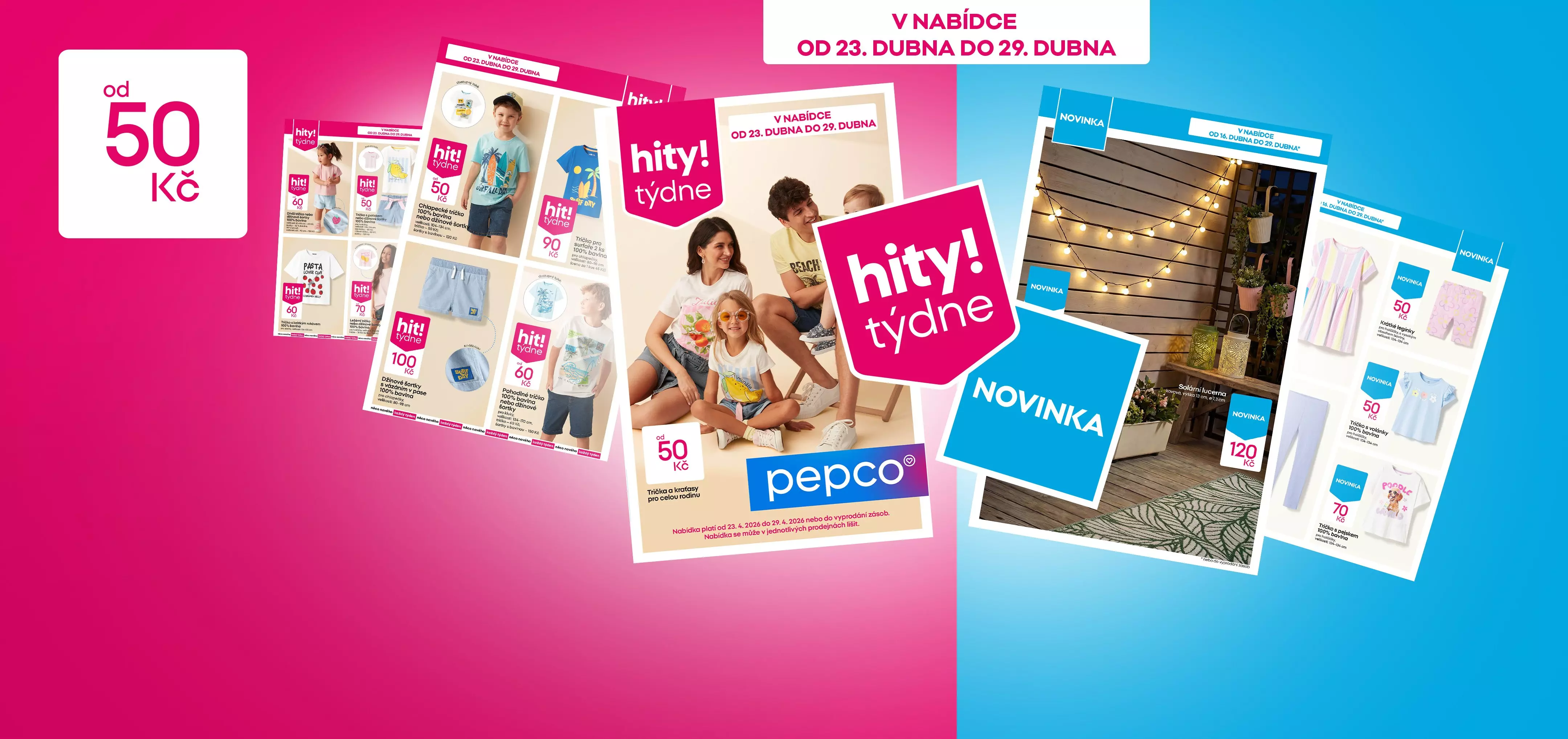 Reklamní letáky pepco s dětským oblečením a rodinami, nabídka od 50 Kč, platná od 23. do 29. dubna.