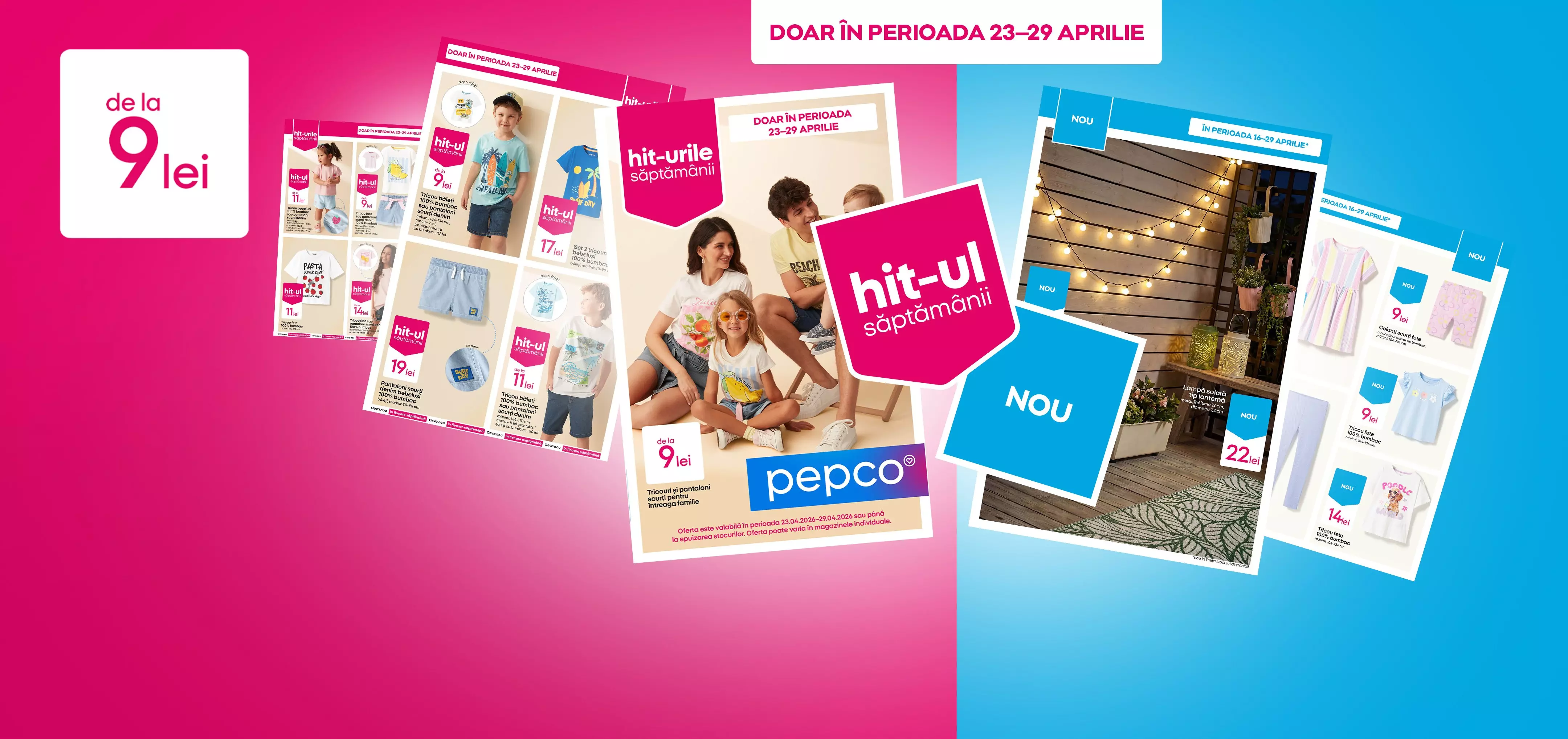 Colaj de cataloage Pepco cu îmbrăcăminte pentru copii și familie, cu prețuri de la 9 lei.