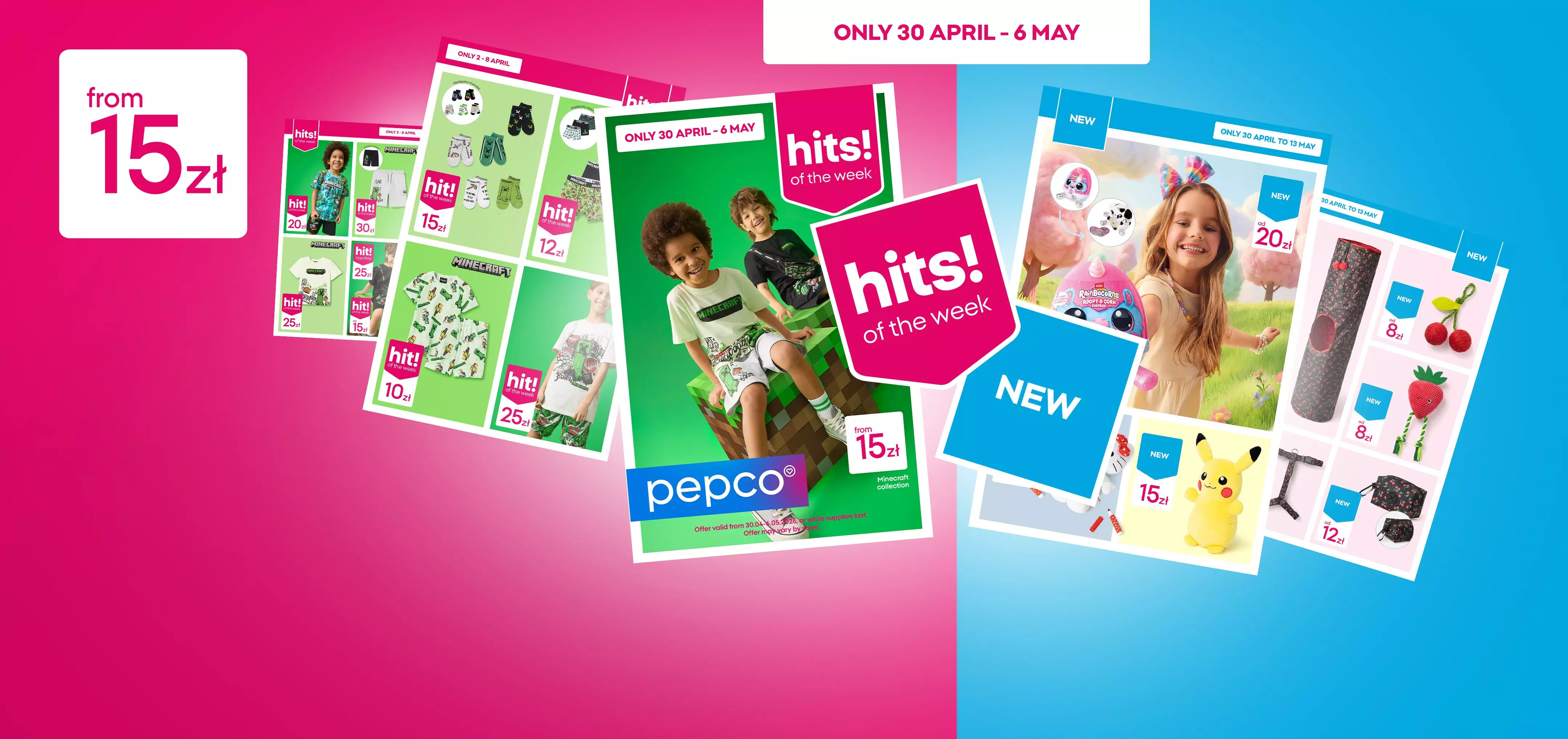 Pepco promotional catalogues displaying children's clothing and toys, with prices from 15zł.