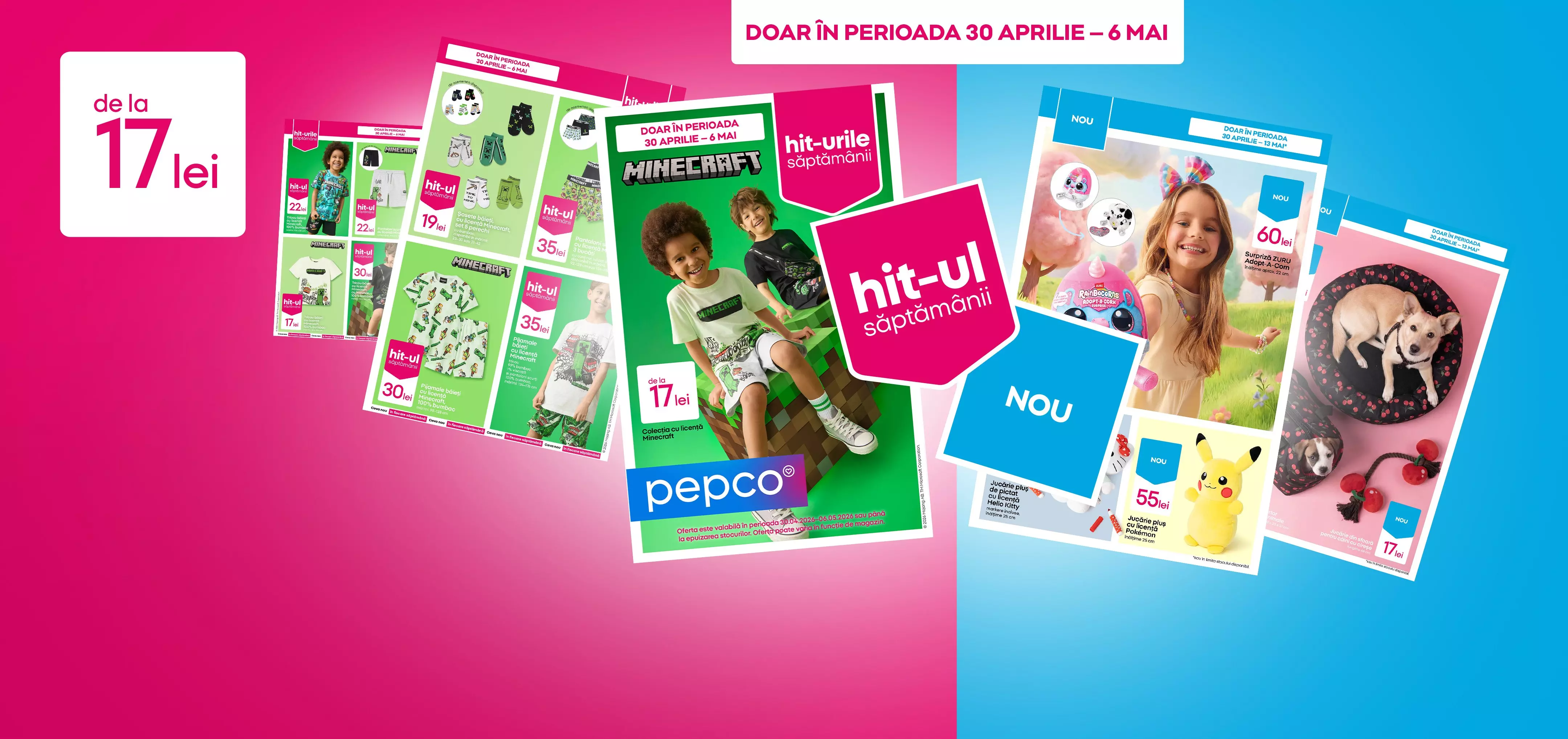 Cataloage promoționale Pepco cu îmbrăcăminte și jucării pentru copii, cu prețuri începând de la 17 lei.