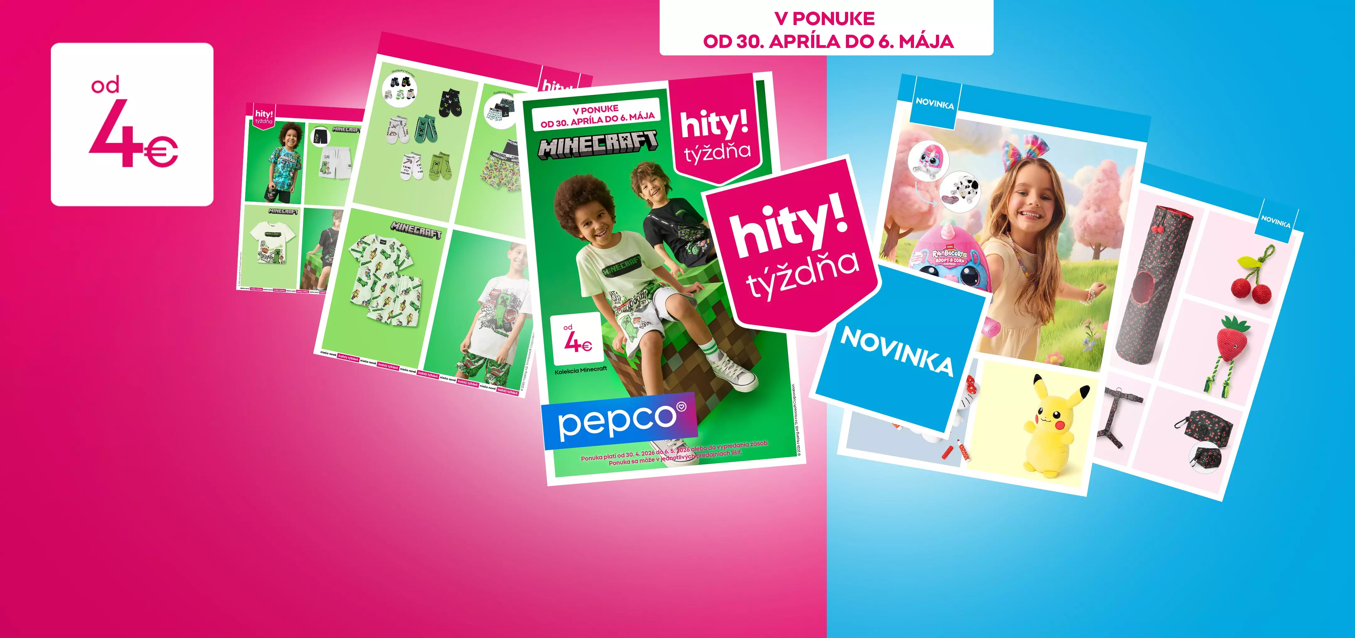 Reklamné letáky Pepco s detským oblečením Minecraft a novými produktmi, ponuka od 4€.