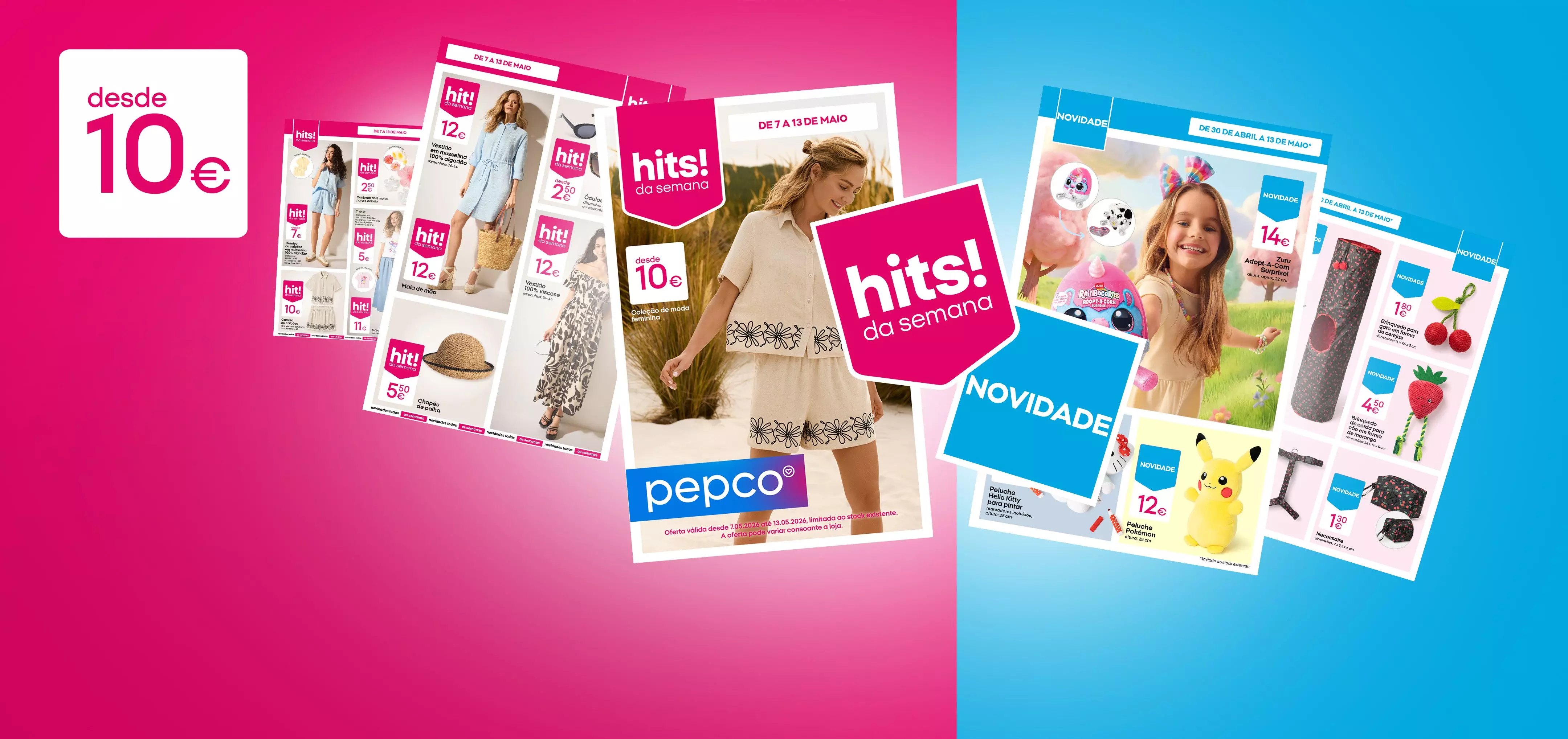 Folhetos promocionais da Pepco com produtos desde 10€, incluindo moda feminina e infantil.