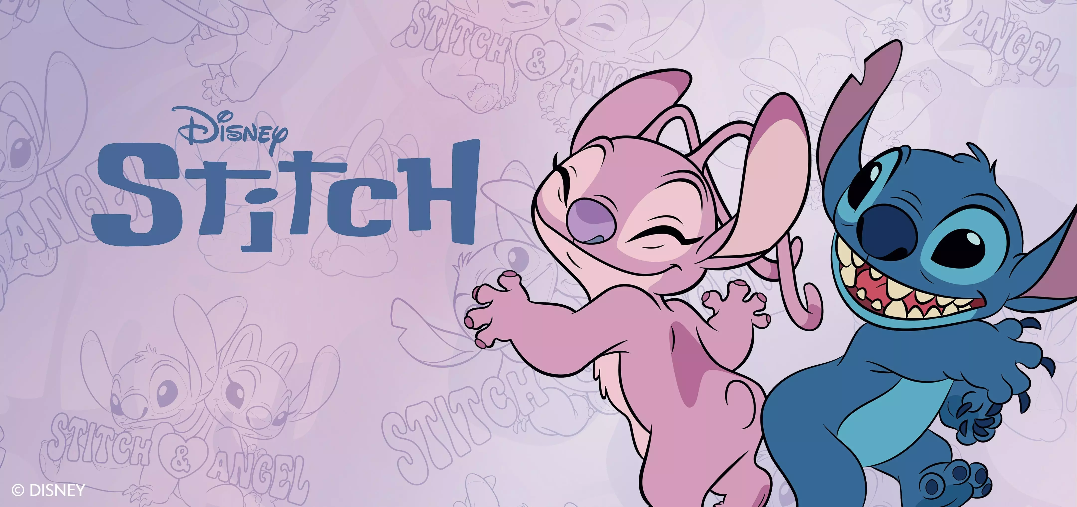 Personajele Disney Stitch în varianta roz și albastră, pe fundal cu logo-ul Disney Stitch.