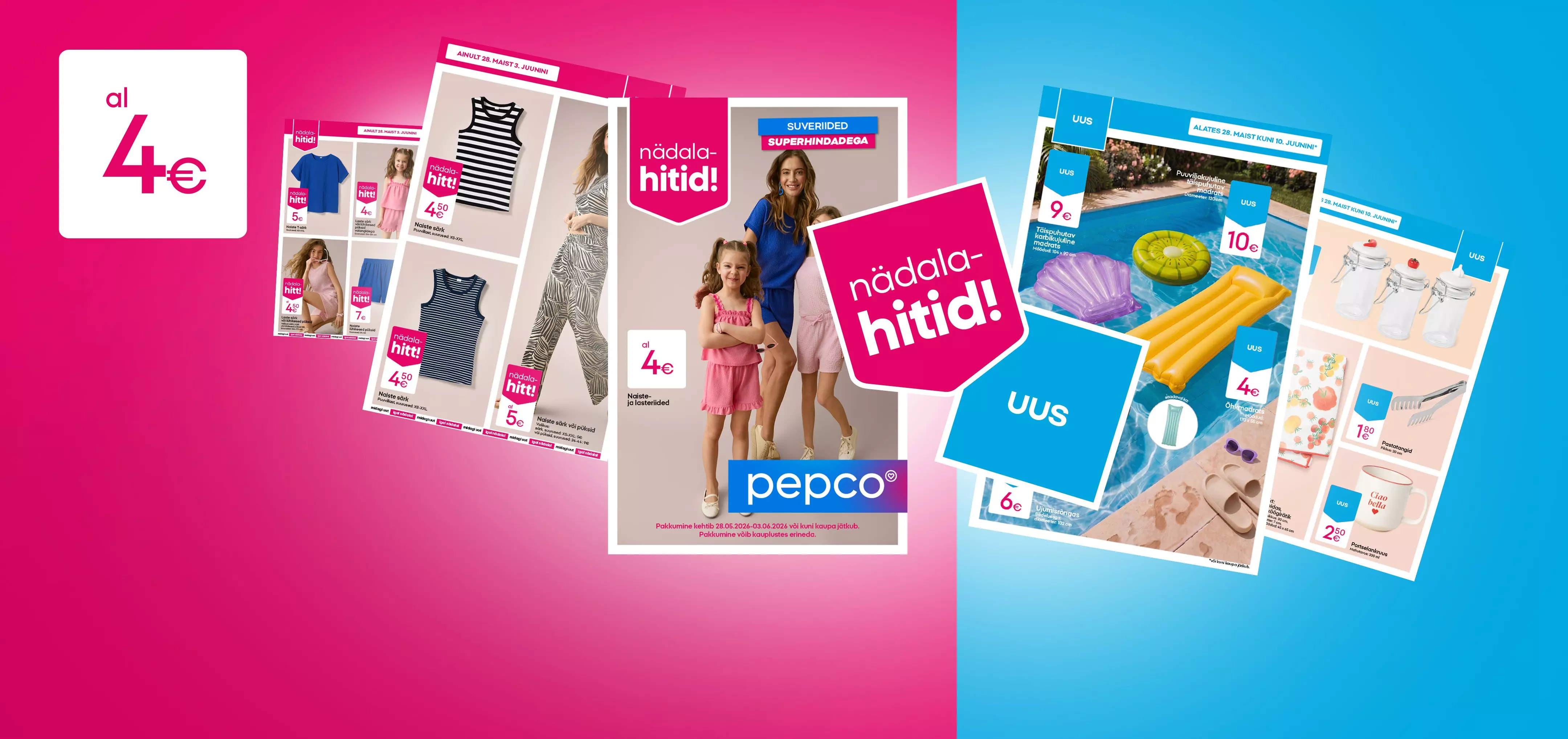 Pepco reklaamlehed lasteriietega ja suviste toodetega, ema ja tütar pildil, hinnad alates 4 eurost.