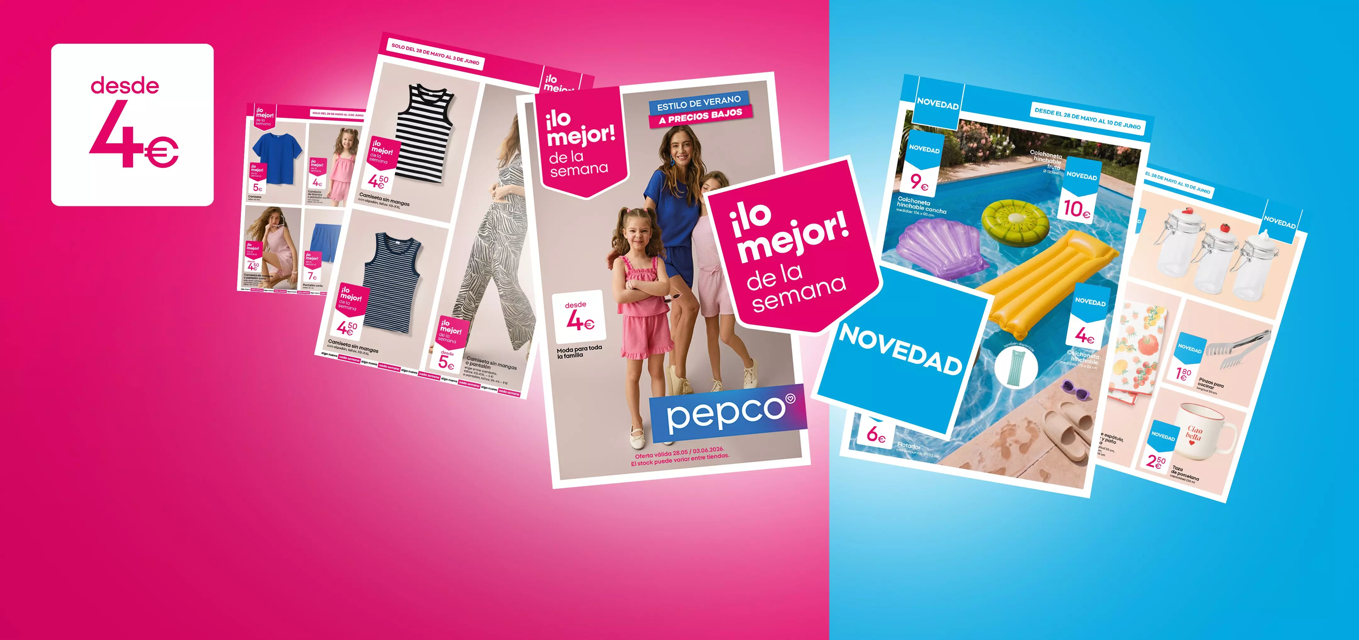 Catálogos de Pepco mostrando ofertas de ropa infantil y productos de verano desde 4€.
