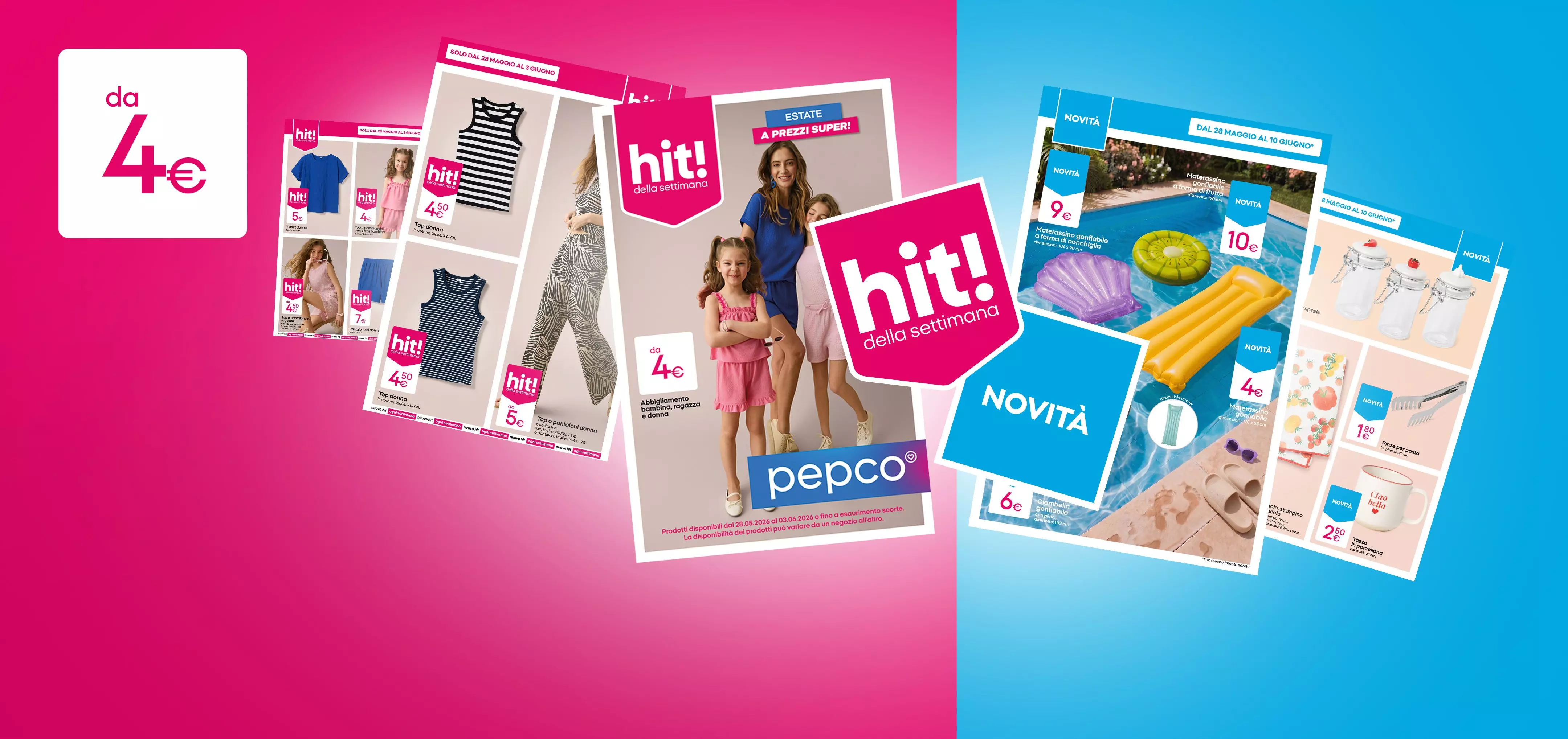 Volantini promozionali Pepco con abbigliamento bambini, articoli estivi e novità a prezzi da 4 euro.
