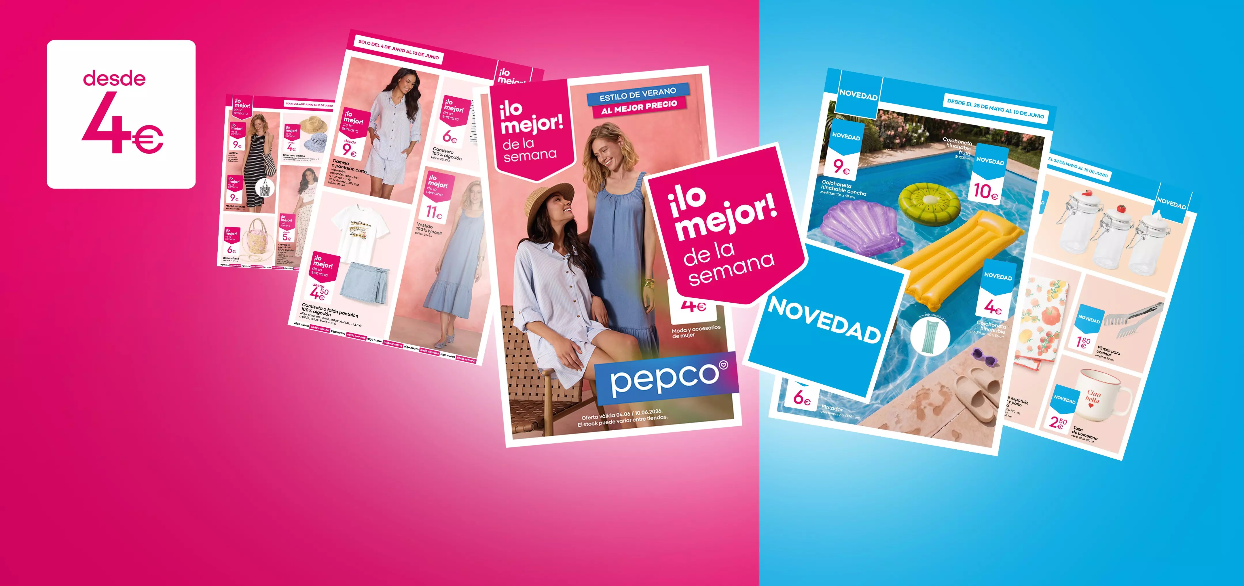 Catálogos promocionales de Pepco mostrando ropa de verano, accesorios de piscina y productos desde 4€.
