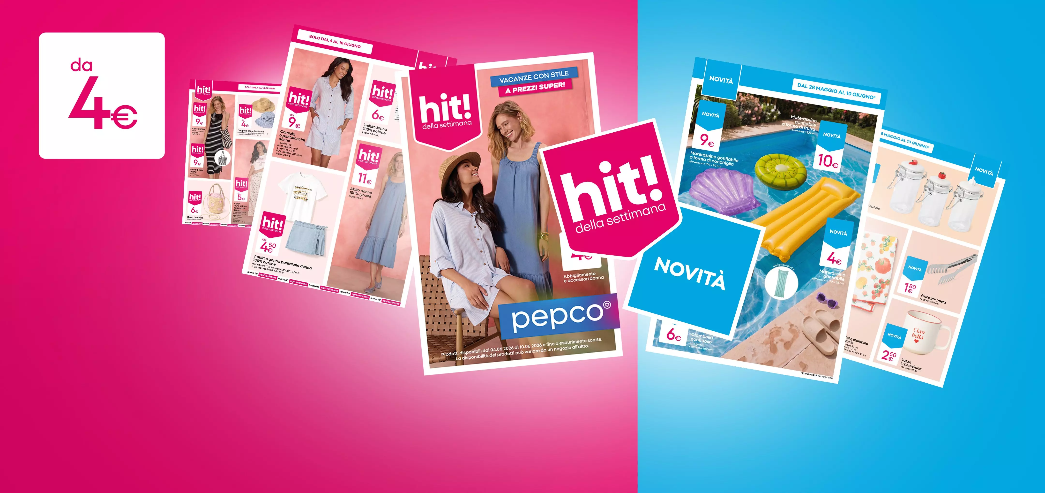 Volantini promozionali Pepco con abbigliamento estivo e articoli per la casa a partire da 4 euro.