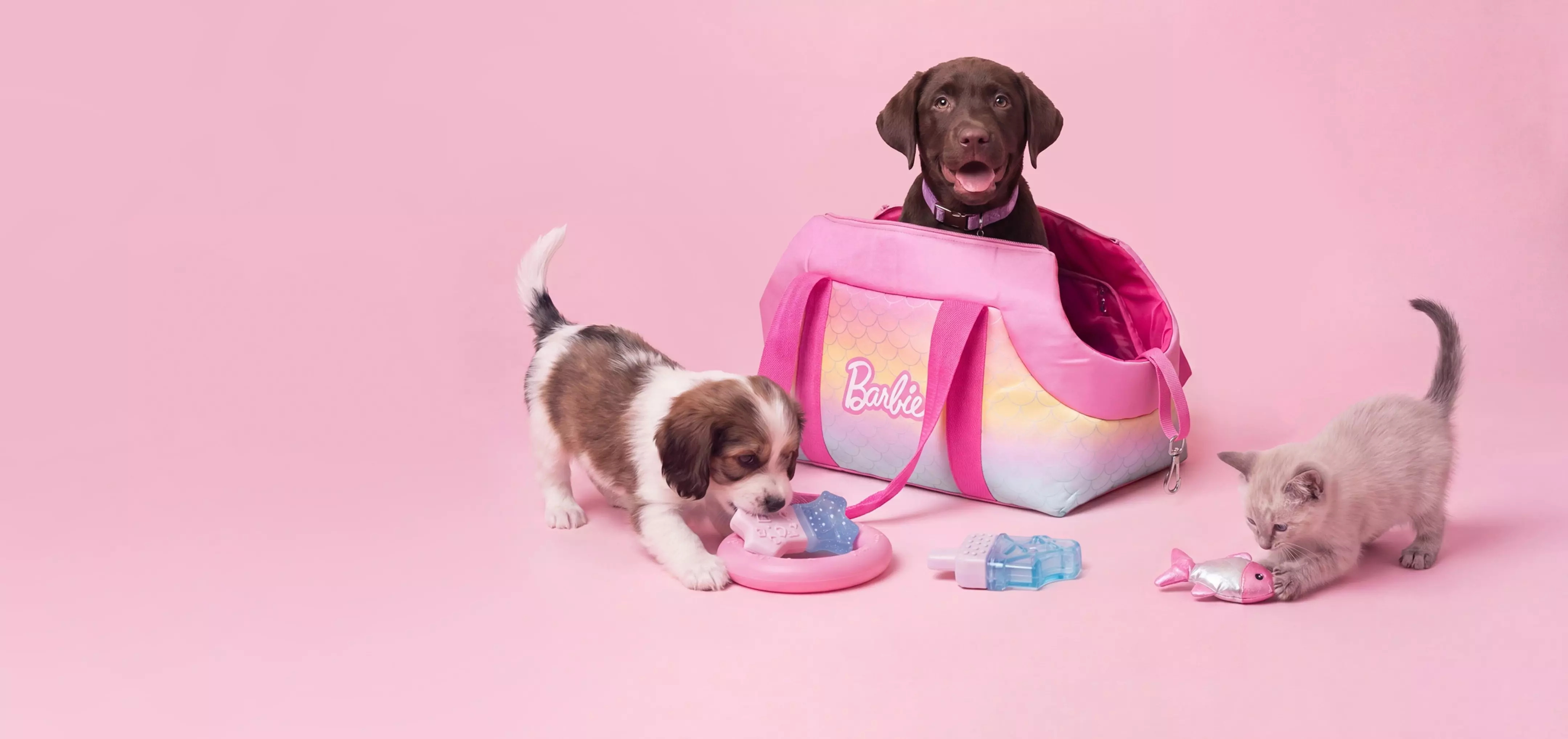 Bolso de transporte Barbie de Pepco con perros y gatito jugando con accesorios para mascotas.