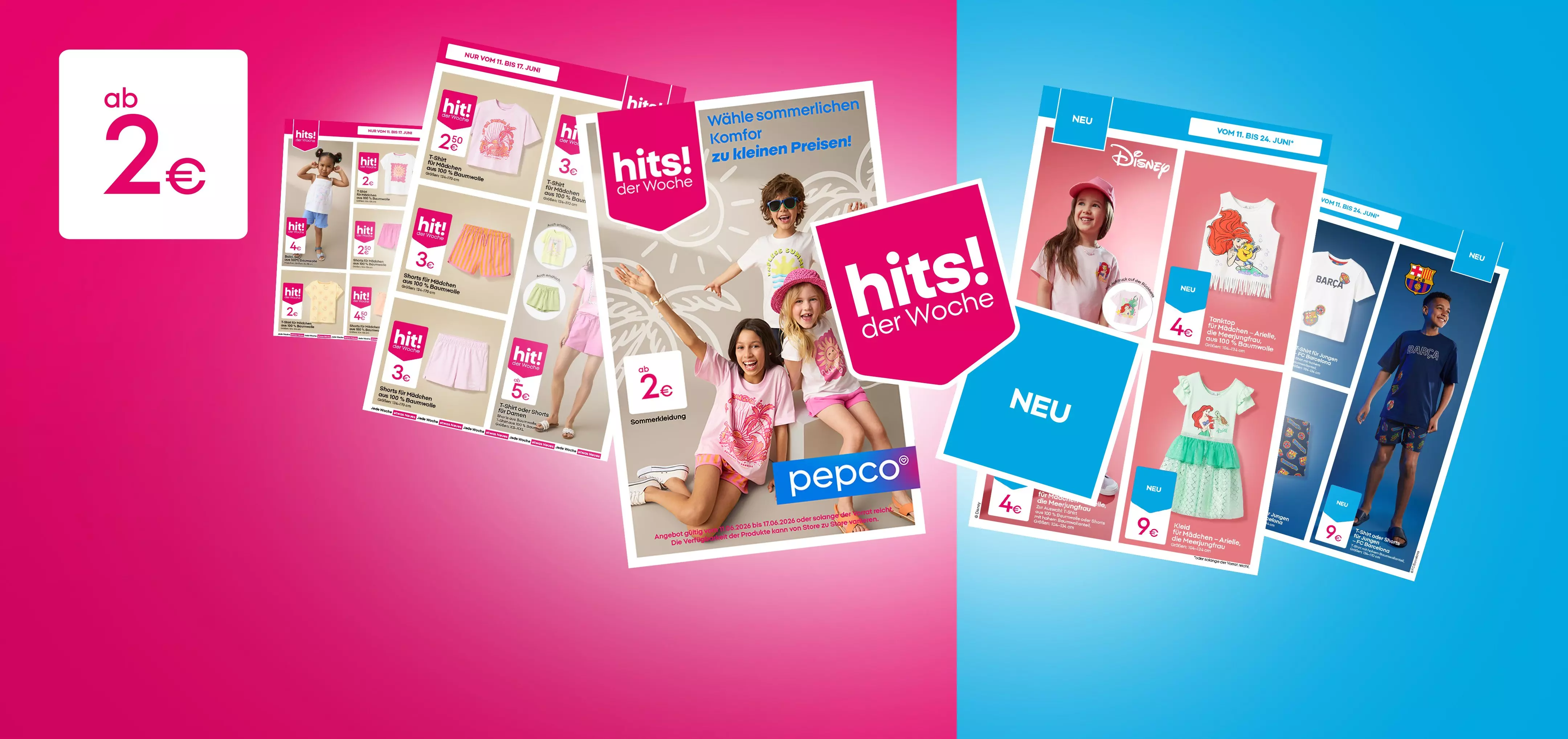 Pepco Werbeprospekte mit Kinderkleidung und Sonderangeboten ab 2 Euro, hits! der Woche und Disney-Kollektion.