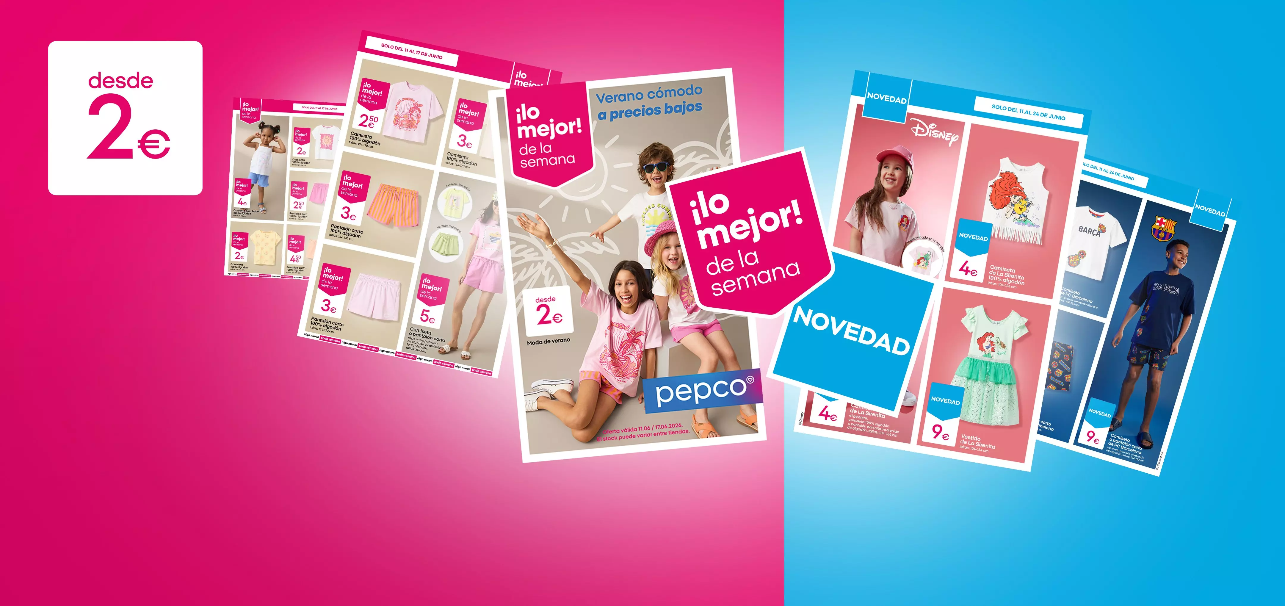 Catálogos de Pepco mostrando ropa infantil de verano con ofertas desde 2€ y colecciones Disney.