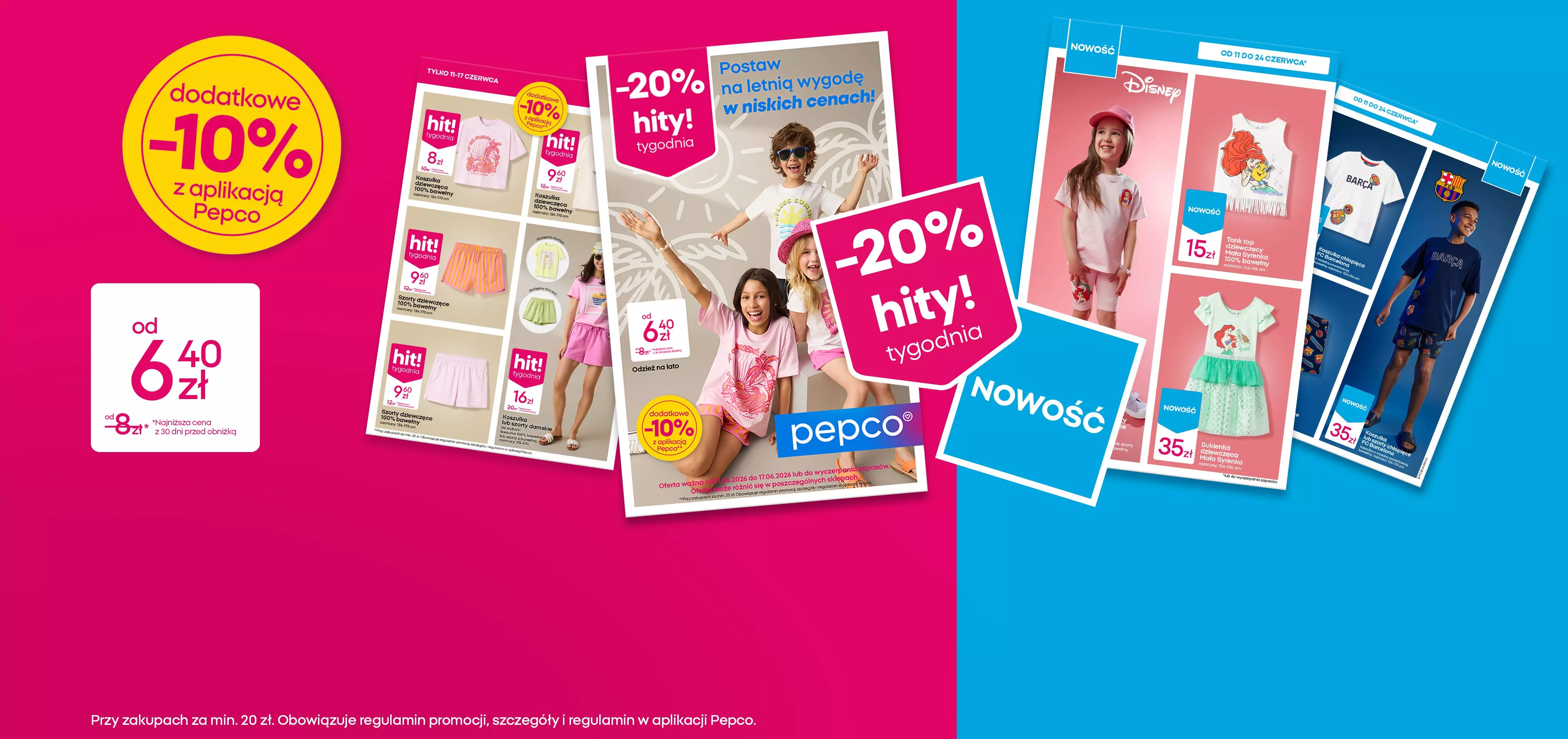 Gazetki promocyjne Pepco z ofertami na odzież dziecięcą, pokazujące rabaty -10% i -20% oraz produkty od 6,40 zł.