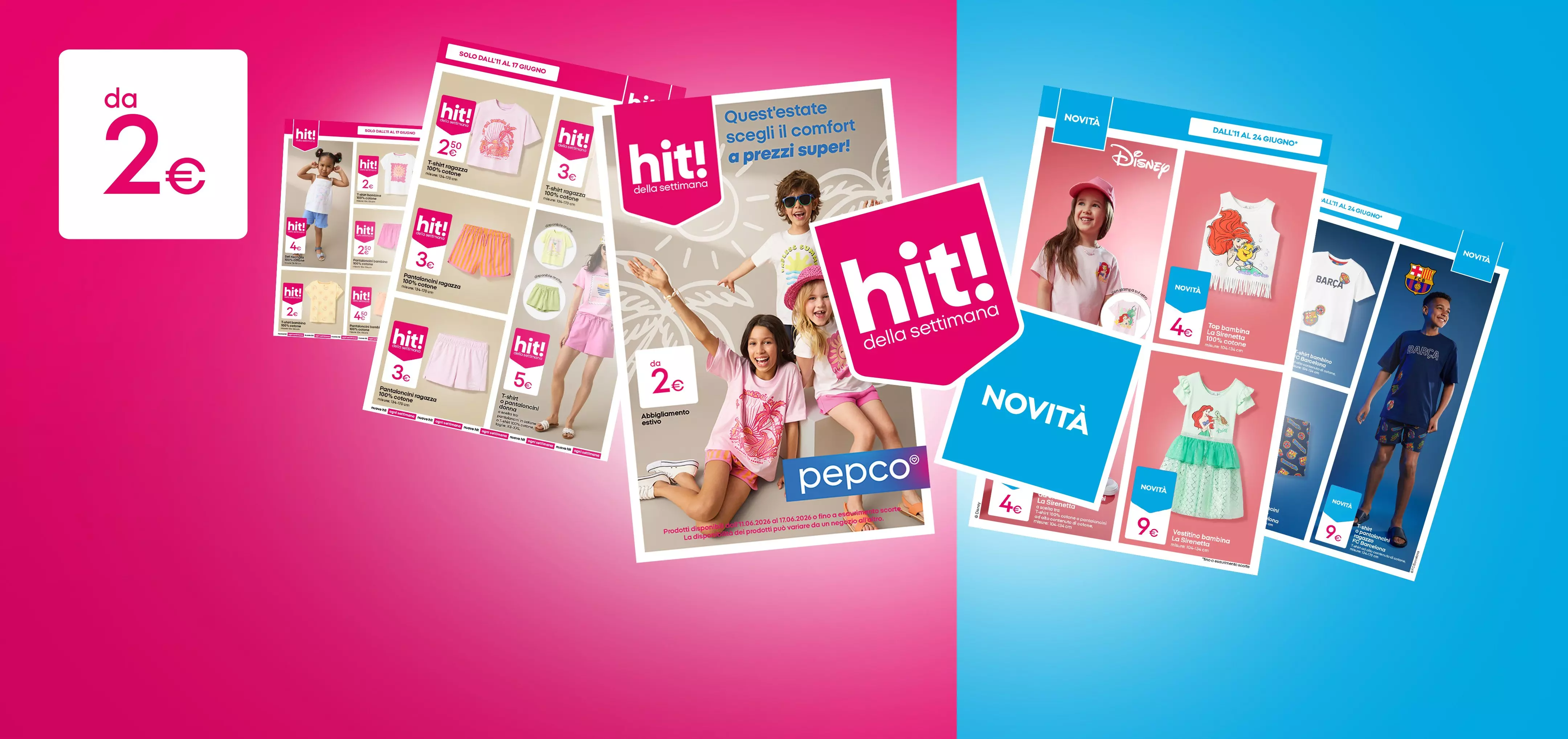 Volantini promozionali Pepco con abbigliamento estivo per bambini, prezzi da 2€ e collezioni Disney.
