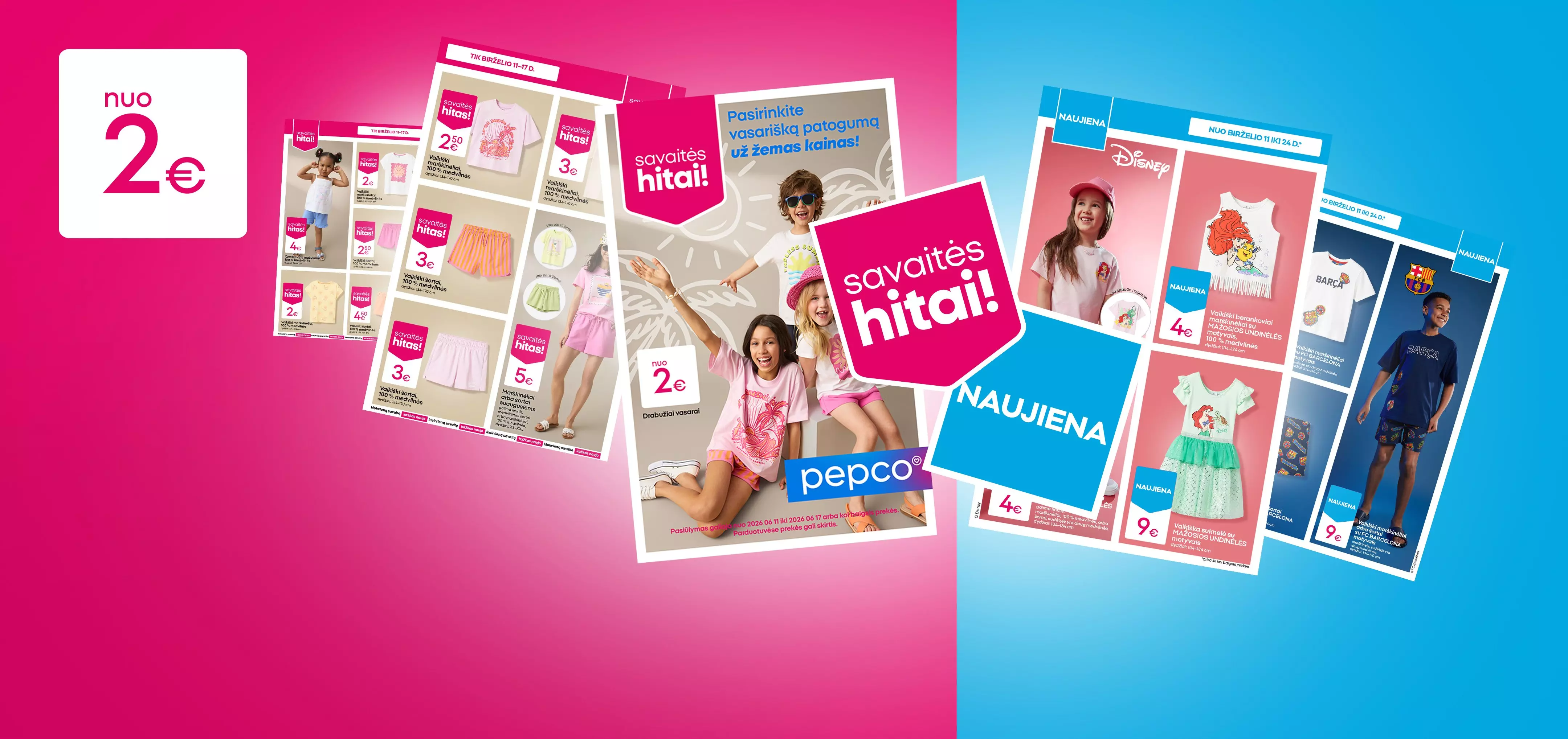 Pepco vaikų vasarinės drabužių kolekcijos reklaminiai katalogai su nuolaidomis ir Disney produktais.
