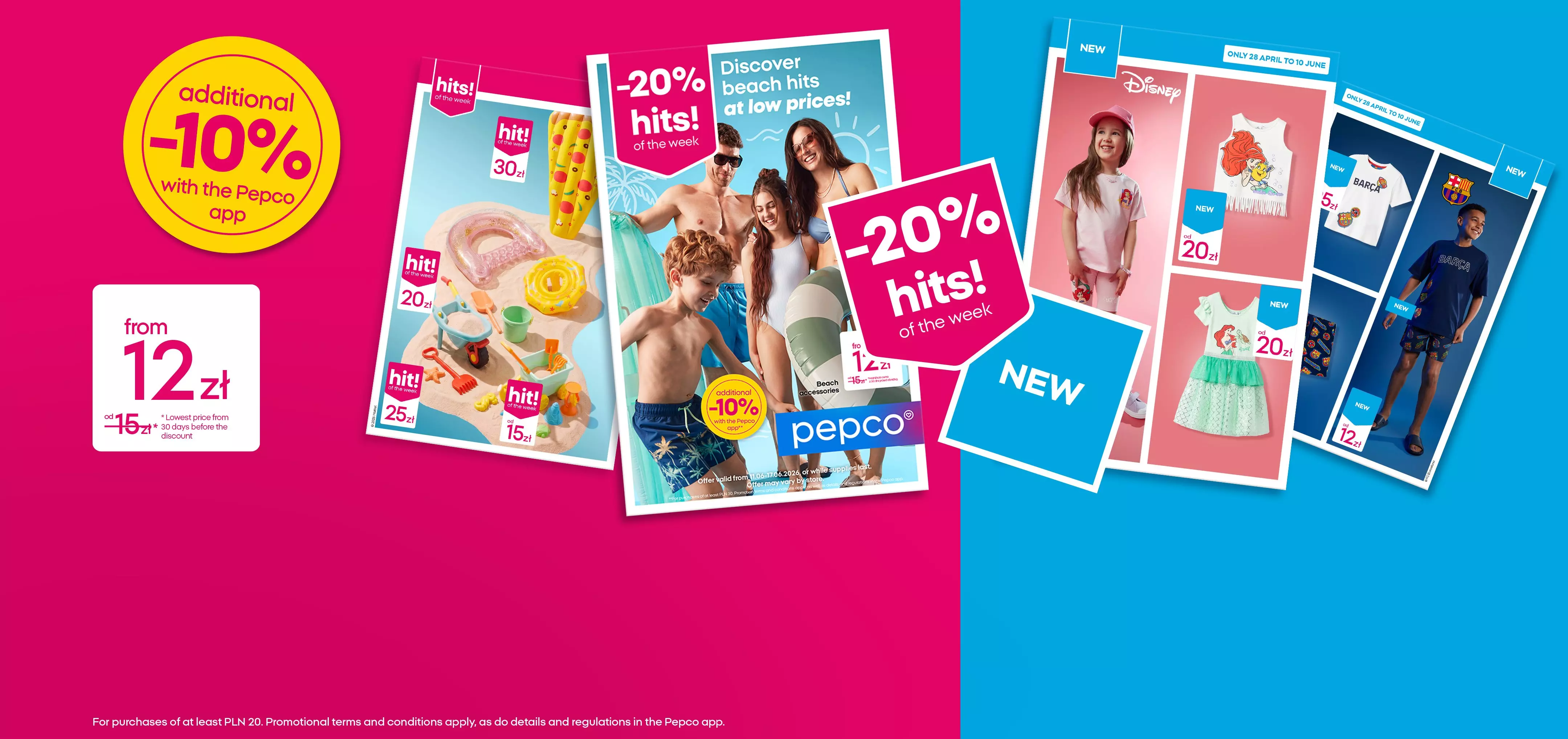 Pepco promotional catalogue pages showing beach accessories, children's Disney clothing and family enjoying summer activities.