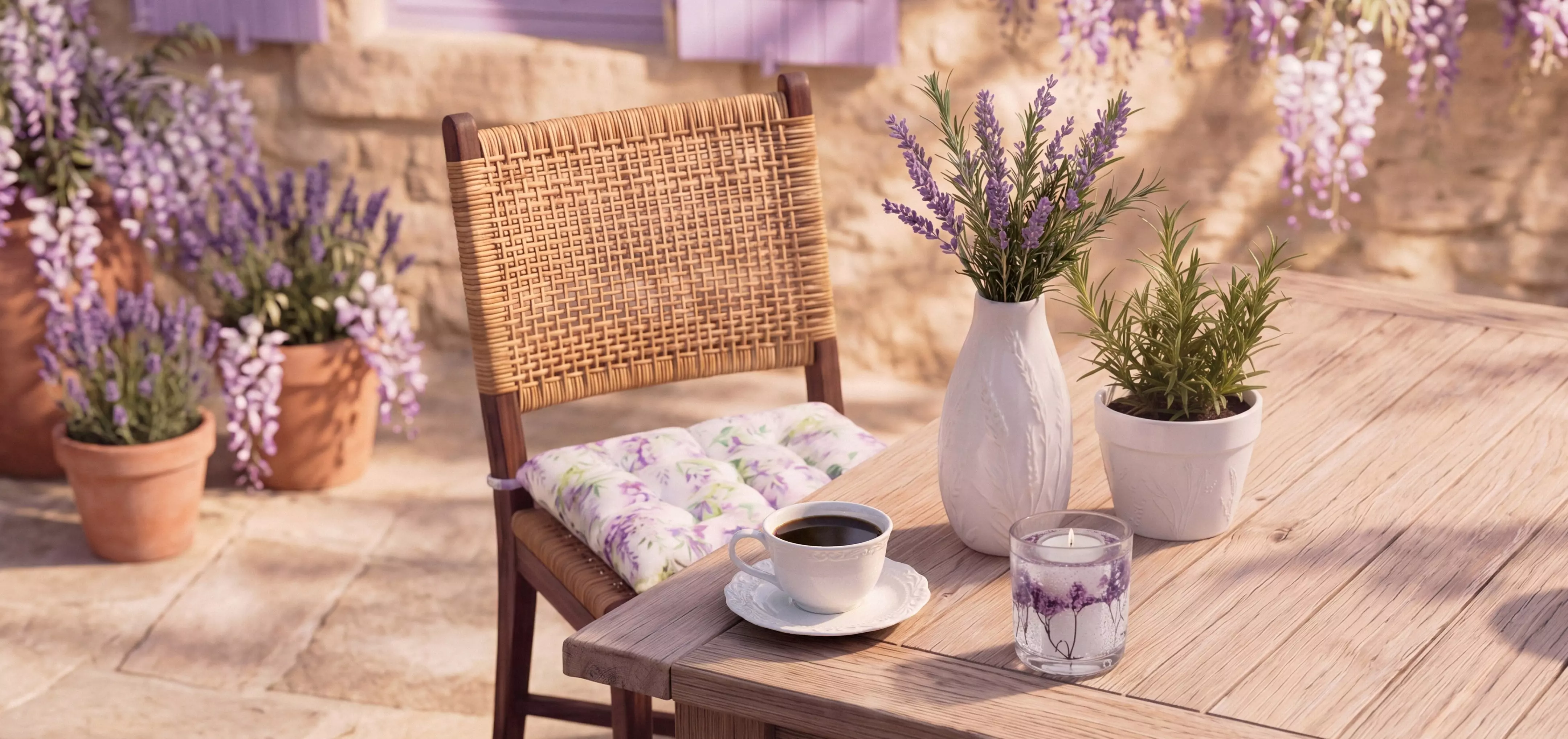 Pepco wicker garden chair with floral cushion beside wooden table with coffee cup, lavender vase and potted herbs.
