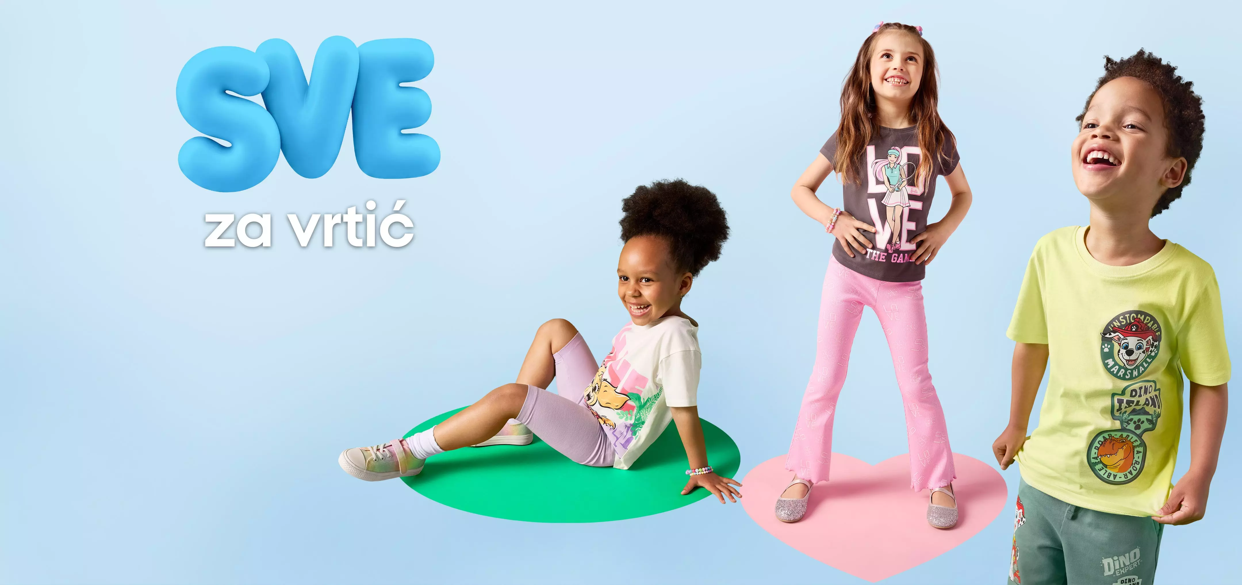 Pepco children's clothing featuring three smiling kids wearing colourful printed t-shirts and casual wear.