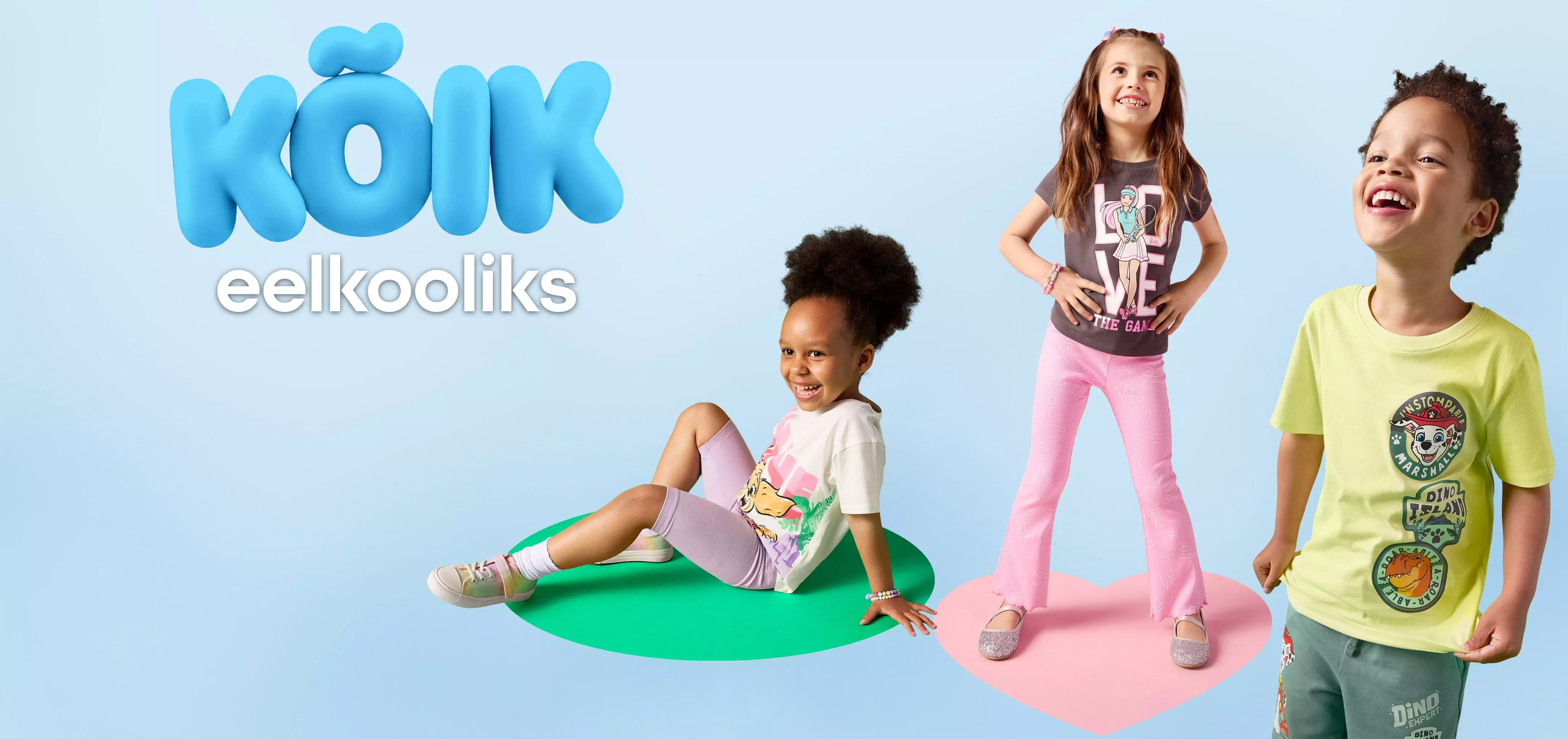Pepco children wearing colourful character print clothing, posing playfully with KÕIK eelkooliks text displayed.