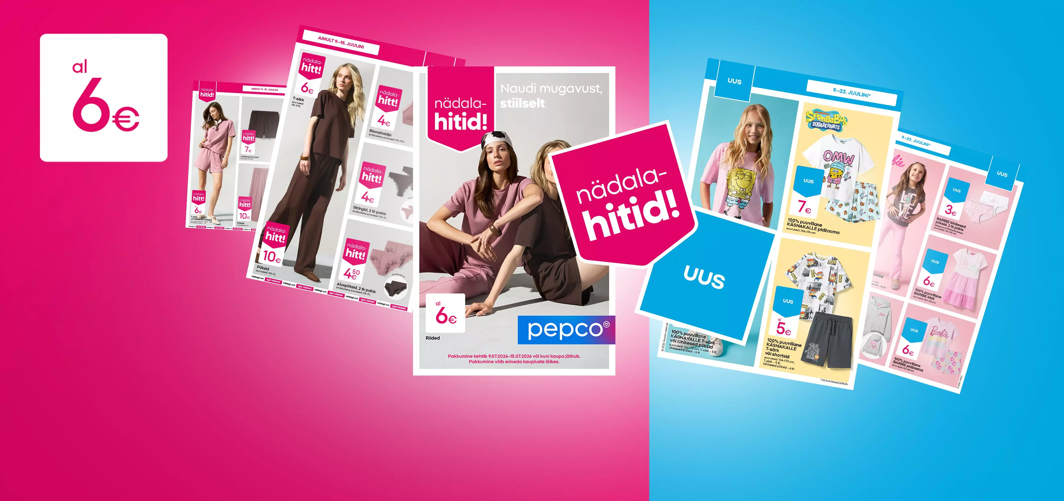 Pepco promotional catalogues displaying women's loungewear and children's clothing with pricing from 6 euros.